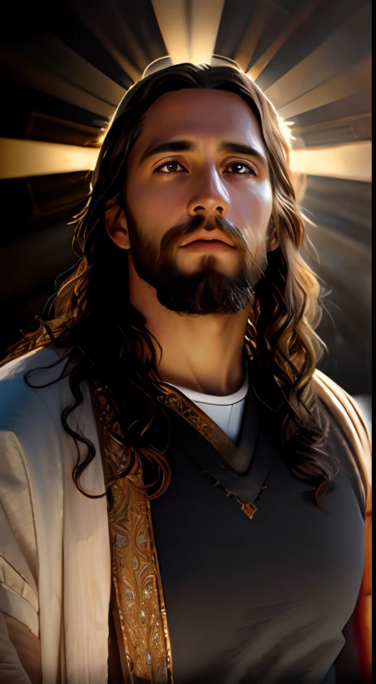 add_detail:1, realistic image of Jesus Christ, add_detail:light and distant light from heaven above the head