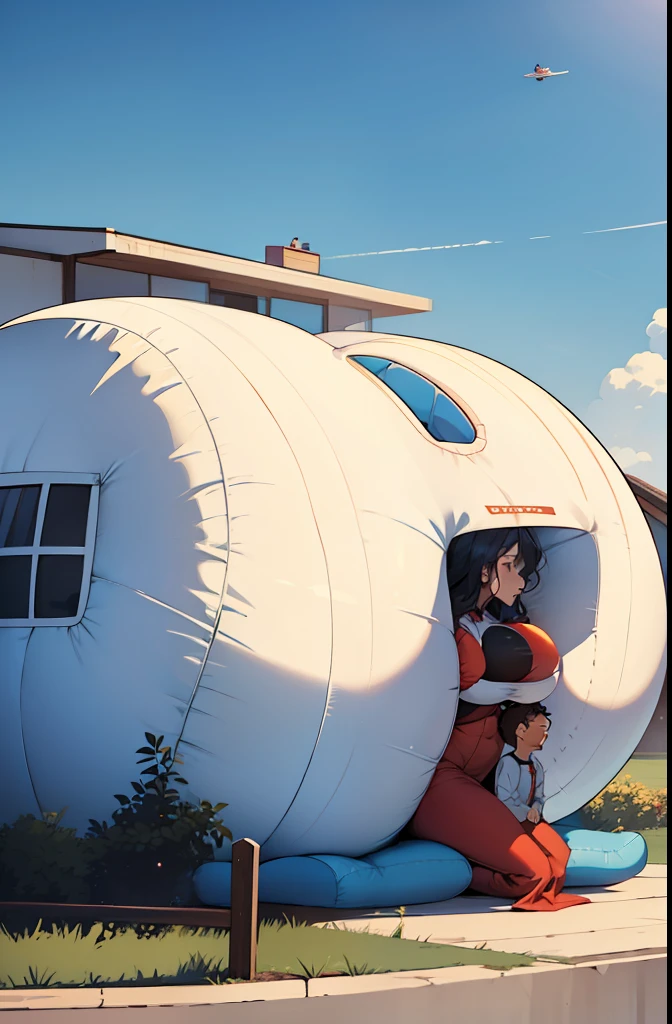 Mother becomes inflatable at the request of the son and the son asks the mother if she can turn her whole body into a house