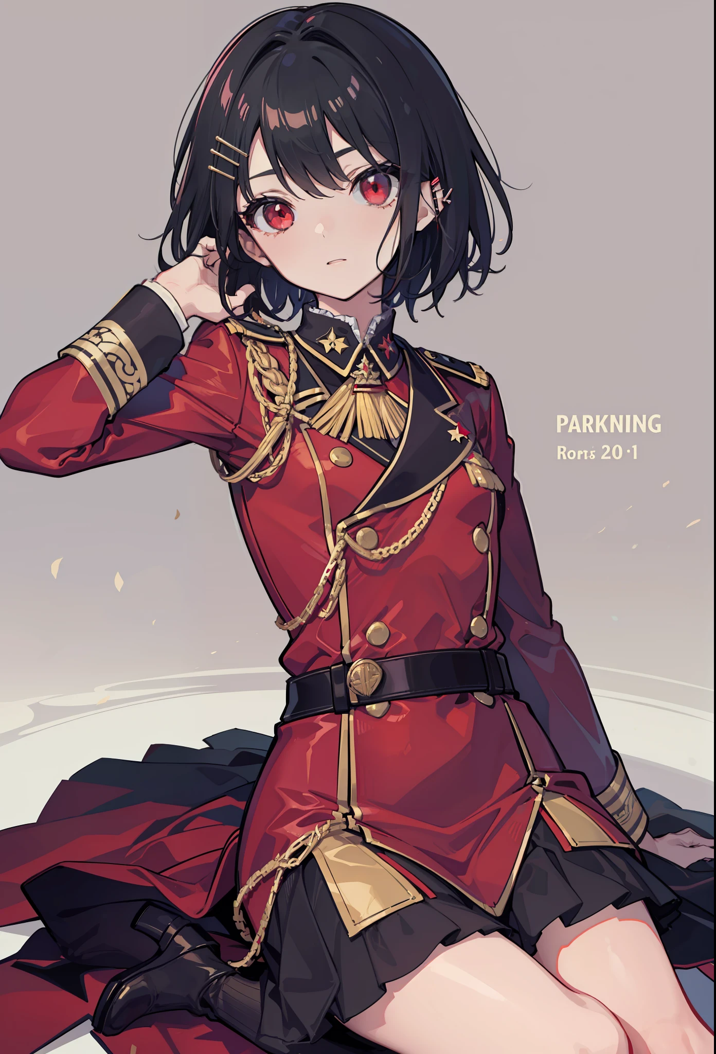 Short hair, Black hair, Flat chest, 1girll, Red eyes,teens girl,hair pin,Solo, Morning,full bodyesbian, A high resolution,(Prussian military uniform)