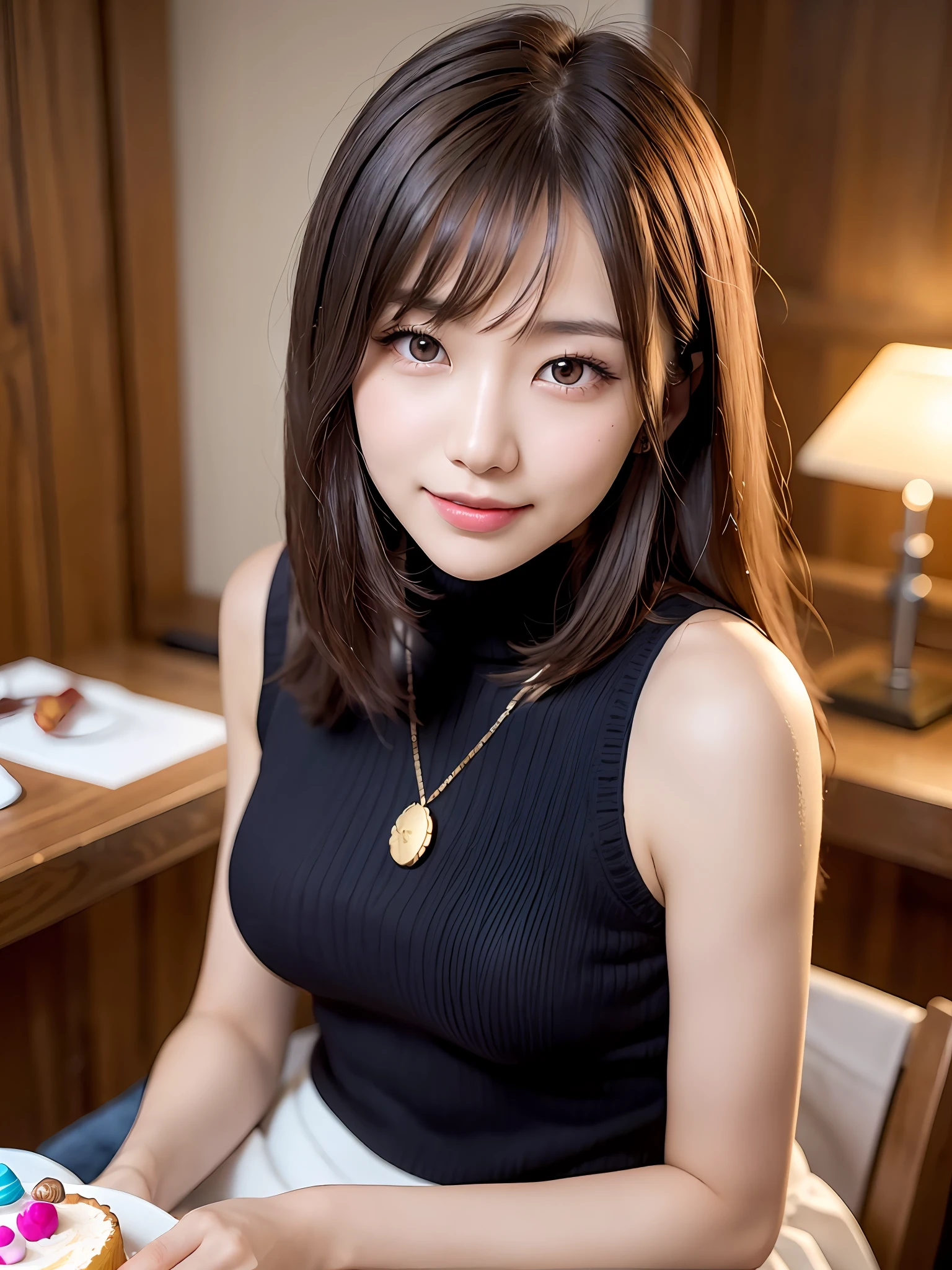 the best quality, 1 girl per 1 photo, upper body shot, directly front view, a Japanese young pretty girl, long bob hair, sitting on a chair with a big smile in front of her birthday cake on a table in her room, wearing a golden necklace over a sleeveless black turtleneck sweater, hyper cute face, glossy lips, double eyelids for both eyes, natural makeup, shiny smooth light brown hair of long bob hair, asymmetrical bangs, tanned skin, central image, 8K resolution, high detail, detailed hairstyle, detailed face, cinematic lighting, octane rendering, hyper realistic, perfect limbs, perfect anatomy