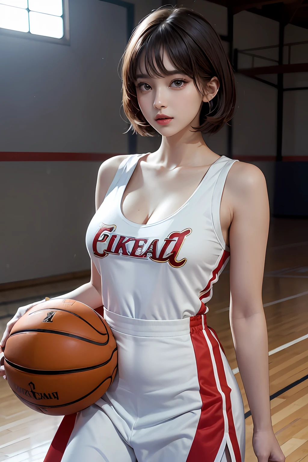 （RAW photos，4K，tmasterpiece，A high resolution，extremly intricate）（realisticlying：1.4），Cinematic lighting Delicate girl with facial features
1 Girl， Single focus， Full body like，Summer noon， Playing the Basketball，Play basketball pose，thermography， 1990's\（styled\），White skin，(Bigchest，cleavage)， (Best quality), (A high resolution), (An extremely delicate and beautiful),,(Beautiful 8k face),(Brown eyes),(Ulzzang-6500:1.0),(Large breasts),(NBA),(Basketball sportswear),((Play basketball)),((gymnasium)),((Speed)),(reality),（jiayi：1.5）， closeup cleavage， tmasterpiece， best qualtiy， RAW photogr， realisticlying， the face， Incredibly Ridiculous res， beuaty girl， adolable， short detailed hair， depth of fields， A high resolution， ultra - detailed， finedetail， The is very detailed， Extremely detailed eyes and face， Sharp pupils， realistic pupil， tack sharp focus， cinmatic lighting