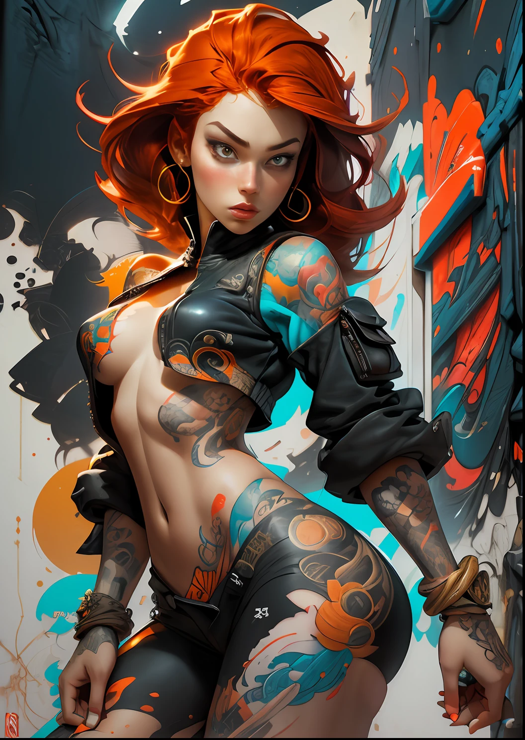 Textures: 1.5, orange and blue: 1.1, white: 1.3, yellow: 1.3, (redhead woman), sexy, tattoos, (power puffer clothes: 1.2), 3d graffitti, abstract, lines, background circles, by Adam Hughes, art by Jay Anacleto