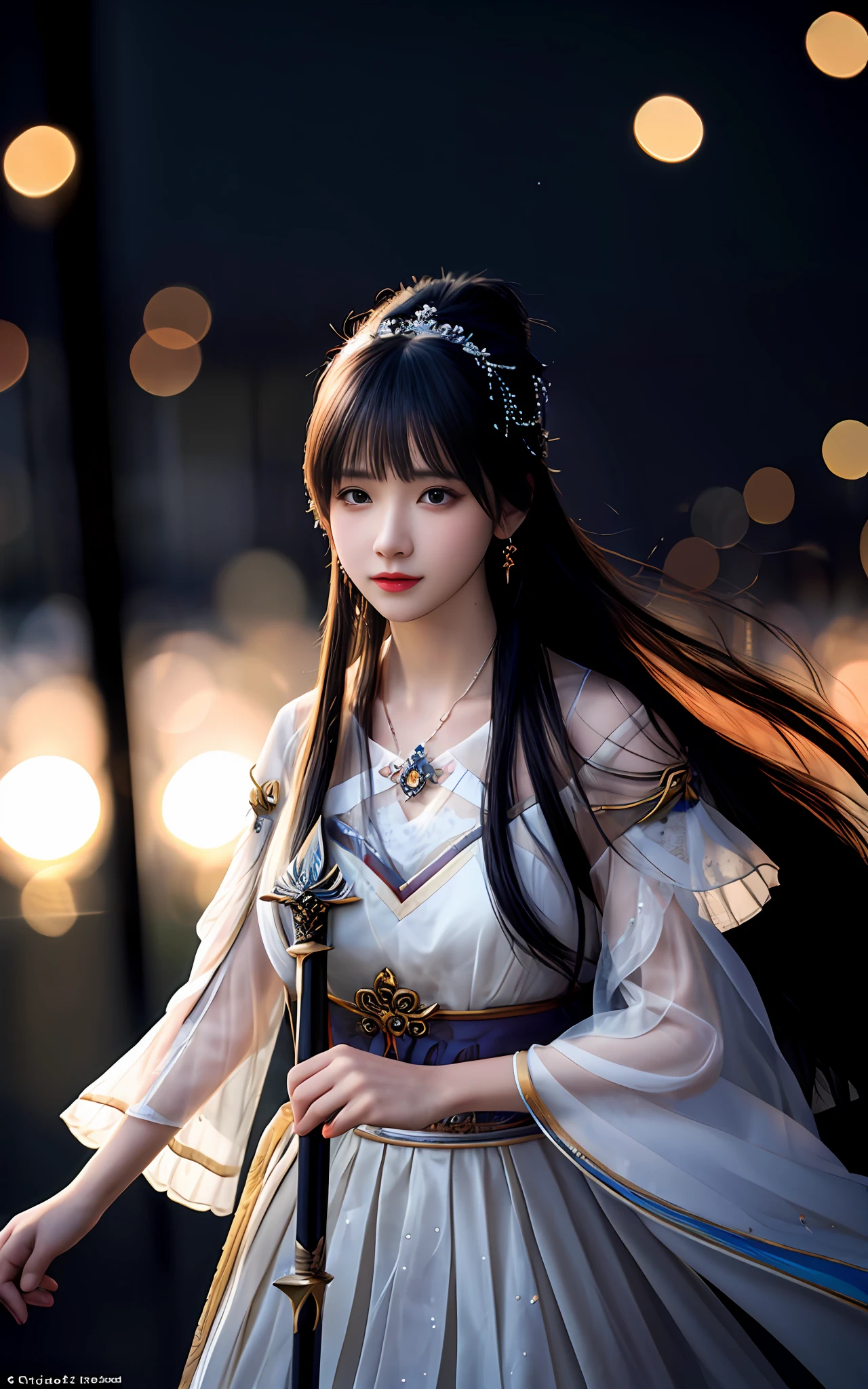 (realisticity: 1.2), best quality,masterpiece,highres,cg,
1girl,weapon,sword,long hair,dress,water,solo,jewelry,white dress,earrings,hair ornament,splashing,upper body,hair bun,black hair, city bacgraun realistis,
lighting,candid,Photograph,high resolution,4k,8k,Bokeh,