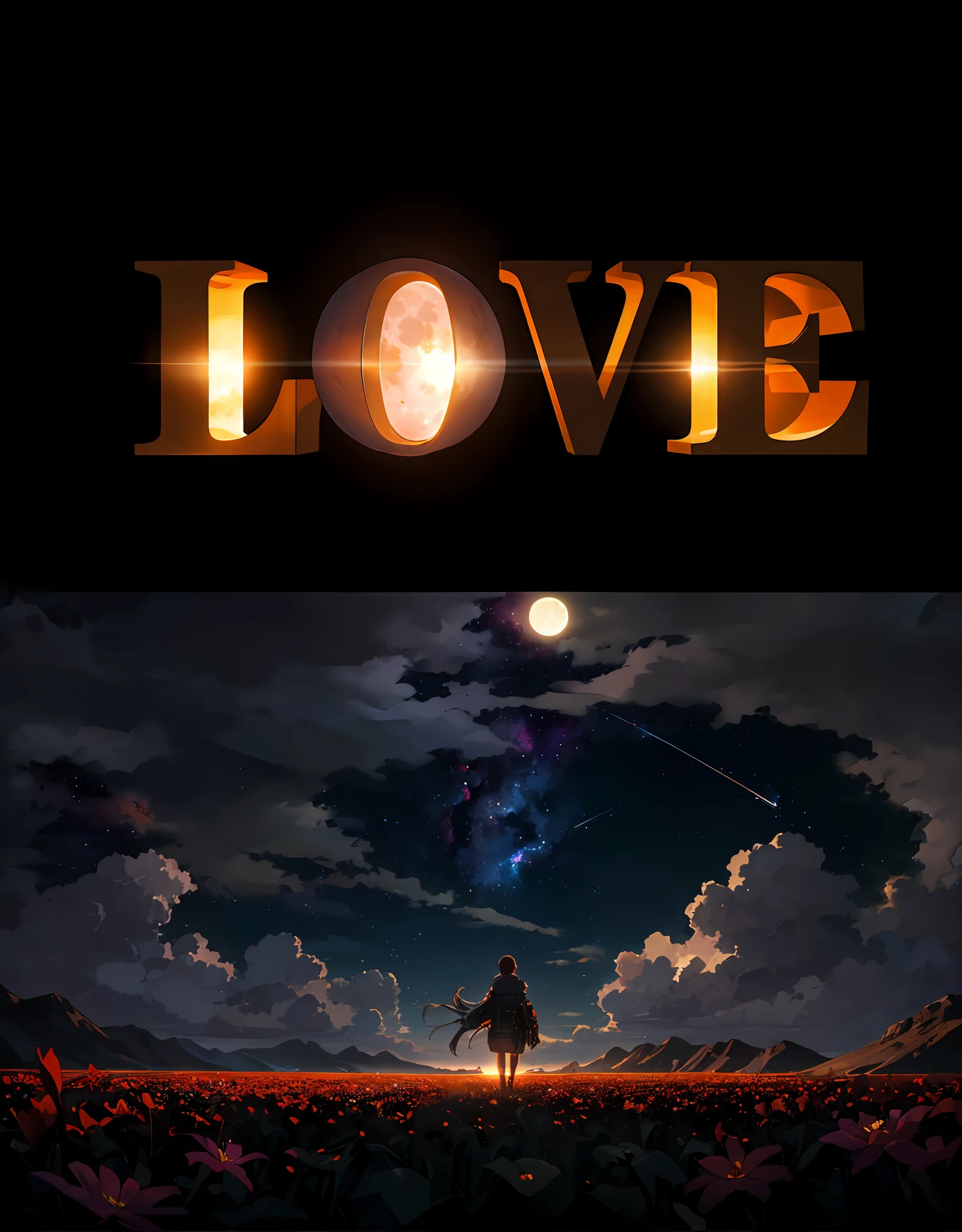 expansive landscape photograph , (a view from below that shows sky above and open field below), a girl standing on flower field looking up, (full moon:1.2), ( shooting stars:0.9), (nebula:1.3), distant mountain, tree BREAK
production art, (warm light source:1.2), (Firefly:1.2), lamp, lot of purple and orange, intricate details, volumetric lighting, realism BREAK
(masterpiece:1.2), (best quality), 4k, ultra-detailed, (dynamic composition:1.4), highly detailed, colorful details,( iridescent colors:1.2), (glowing lighting, atmospheric lighting), dreamy, magical, (solo:1.2)