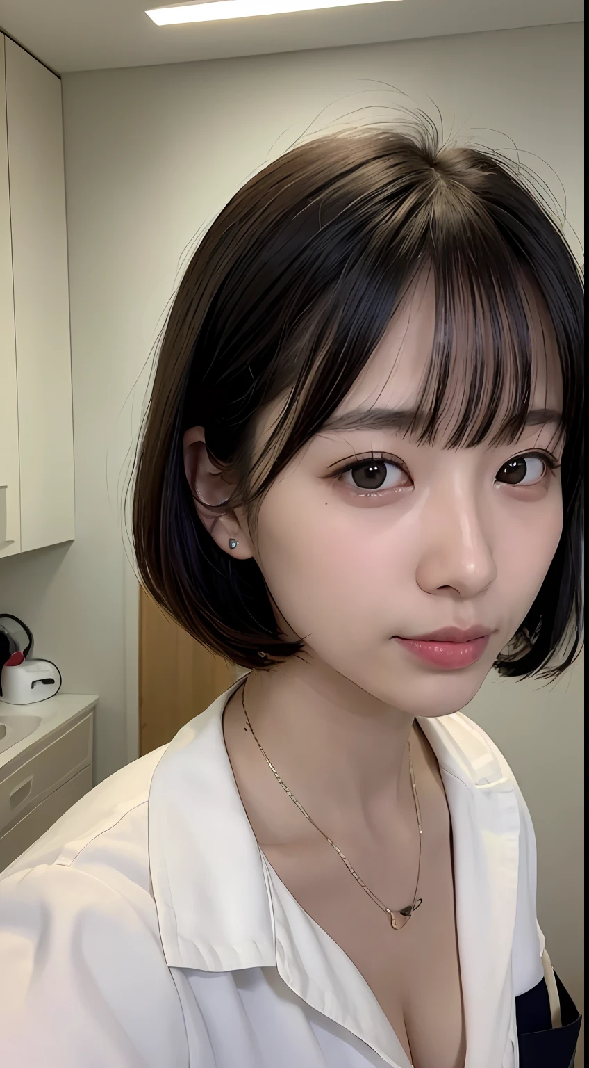 ((top-quality、8K、​masterpiece:1.3))、foco nítido:1.2、、((Black Hair Bob Hair))、Bangs，Highly detailed facial and skin texture、  A detailed eye、二重まぶた、skin tanned、sunburned、Dark skin、sun burned body、Nurse、nurse costume、Looking at the camera、Hospital Room、