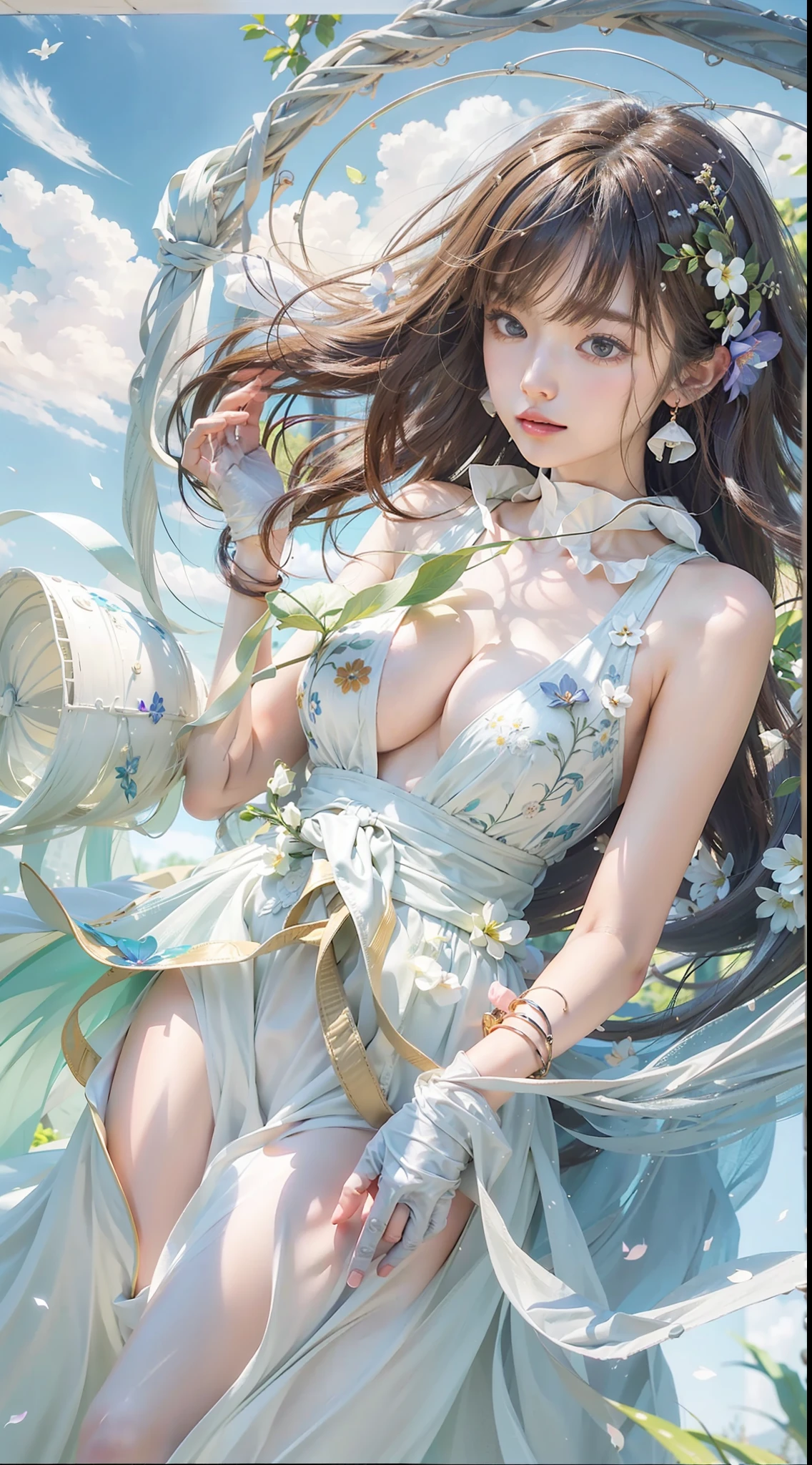 top-quality、​masterpiece、Angle from above、Japan women、18year old、A dark-haired、Lustrous hair、short-cut、Straight hair、Korean Style Beauty、big eye、Double eyes、small tits、all-fours、Reach out to the front、White Ruffled Chiffon Sleeveless Top, White Tulle Maxi Skirt Dress, Mermaid Line, wicker basket bag,Massive landscape, Giant Glass Bottle, hour glass, A Divided World, colorful petals, Blue sky, white clouds, Vast meadow, surreal atmosphere, captivating scene, Delicate flowers, Gentle beauty, Encapsulated nature, Distant horizon, Ethereal Atmosphere, seductive sight, Grit, Time lapse, intricate designs, Transparent container, Suspended reality, Complex mechanism, tranquil surroundings, Timelapse, suspended animation, Contrasting areas, Seductive colors, Swirling sand, Seamless migration, Captivating display
, masutepiece