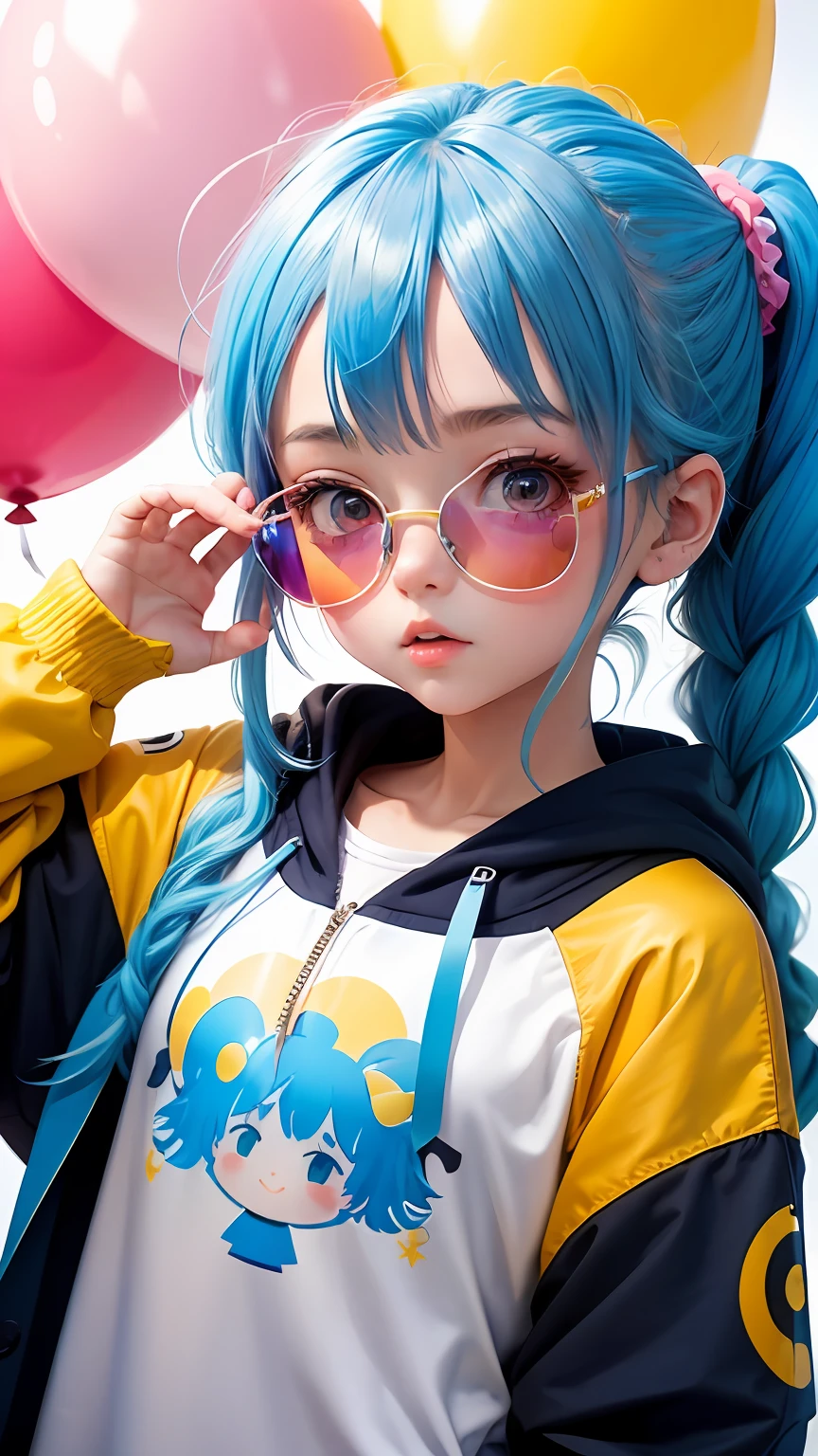 Loli girl, beautiful and cute, wearing blue sunglasses, yellow jacket, white sweatshirt, lots of colorful balloons, , chibi style, red and blue two-color hair, ponytail braided hair, perfect detail eyes, delicate face, perfect CG, HD picture quality, colorful balloons, sky,