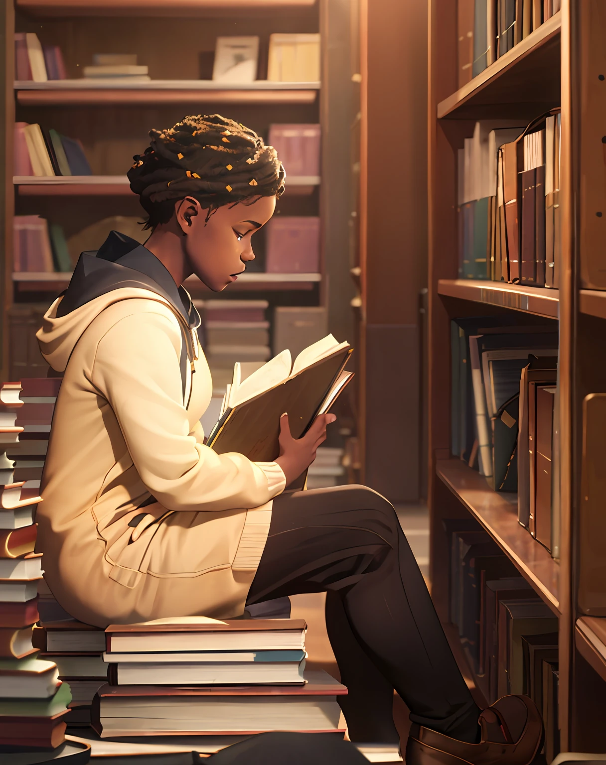 (A 16-year-old black girl studying books about navigation sitting on the floor of a library in a dark environment).