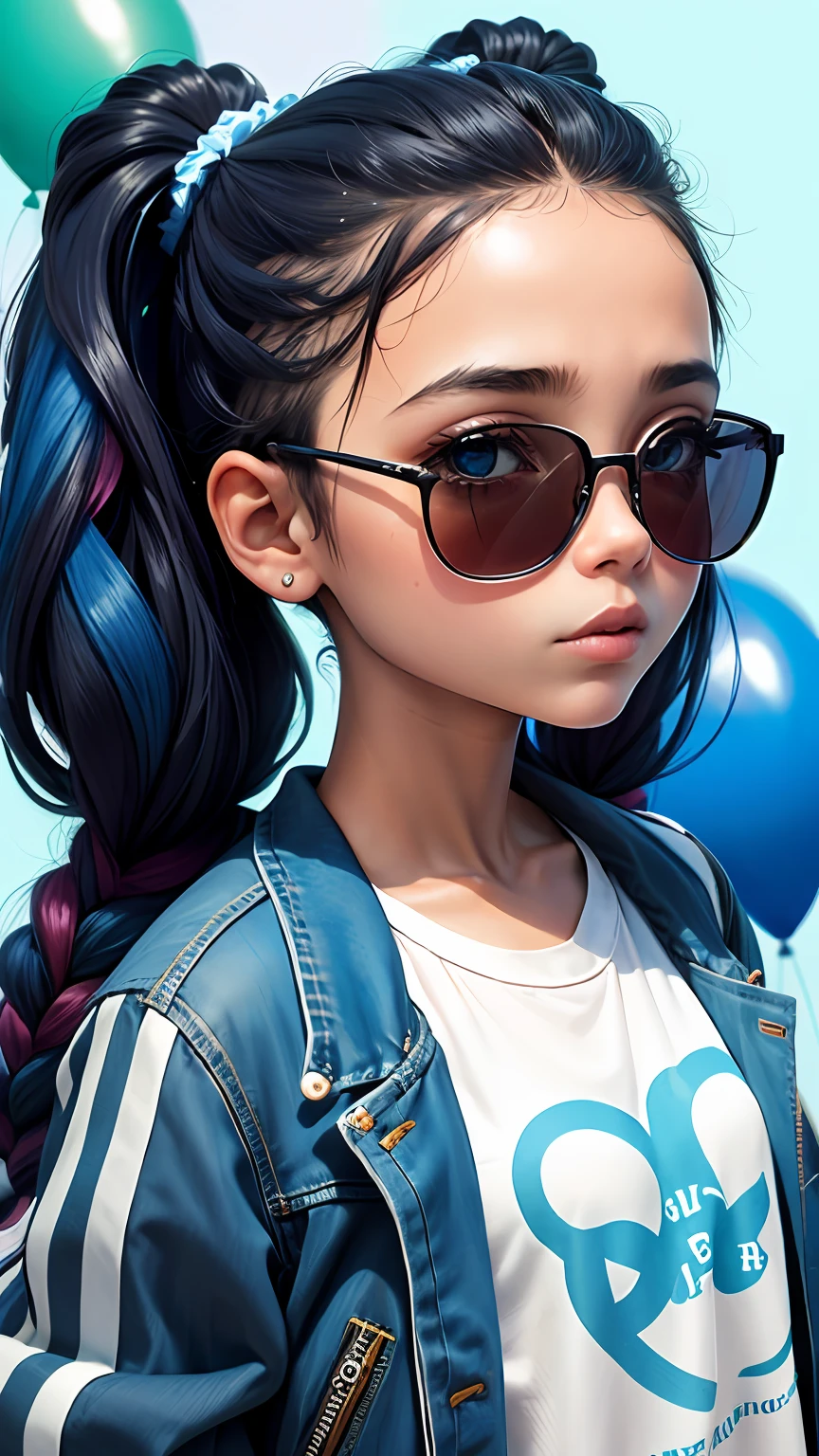 loli menina, bonita e fofa, wearing blue sunglasses, jaqueta amarela, moletom branco, lots of colorful balloons, babyface, corpo inteiro, cabelo vermelho e azul de duas cores, braided ponytail, olhos de detalhe perfeito, rosto delicado, CG perfeito, Qualidade de imagem HD, fundo simples