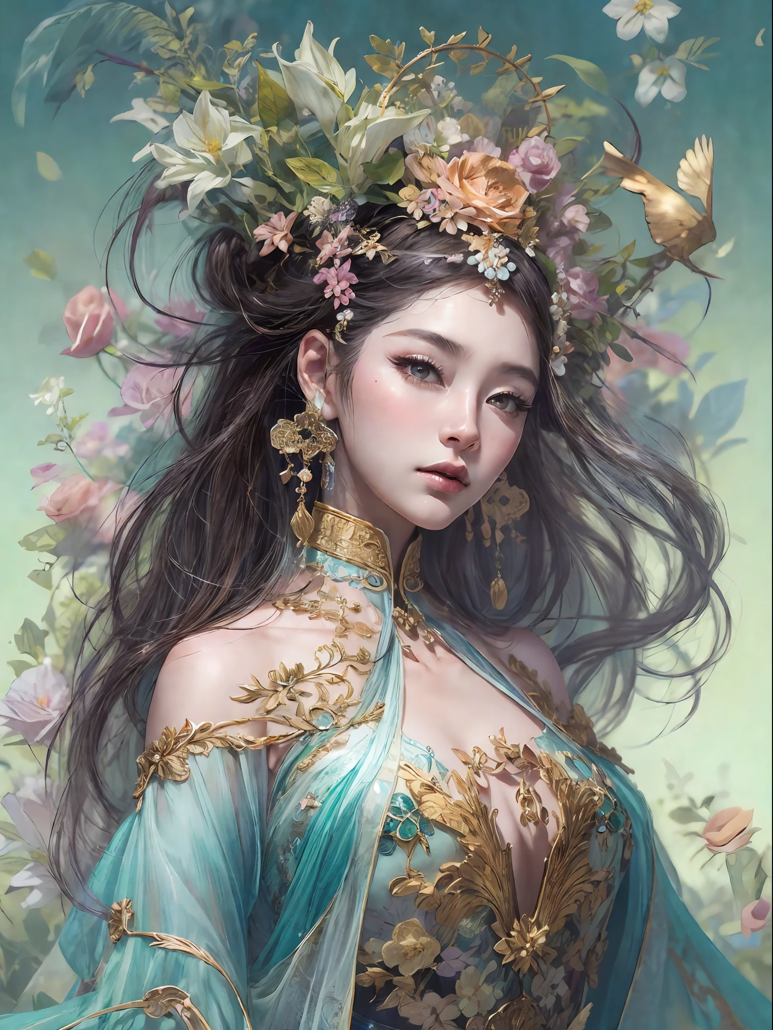 HighestQuali,tmasterpiece:1.2,Detailed details,4K,fairy woman with 4 size chest, with hairstyles and flowers, in the style of influenced by ancient chinese art, subtle realism, he jiaying, dark white and dark aquamarine, Elaborate costumes, Beautiful, with golden brown, purpleish color, dimpled chest, multilayered realism