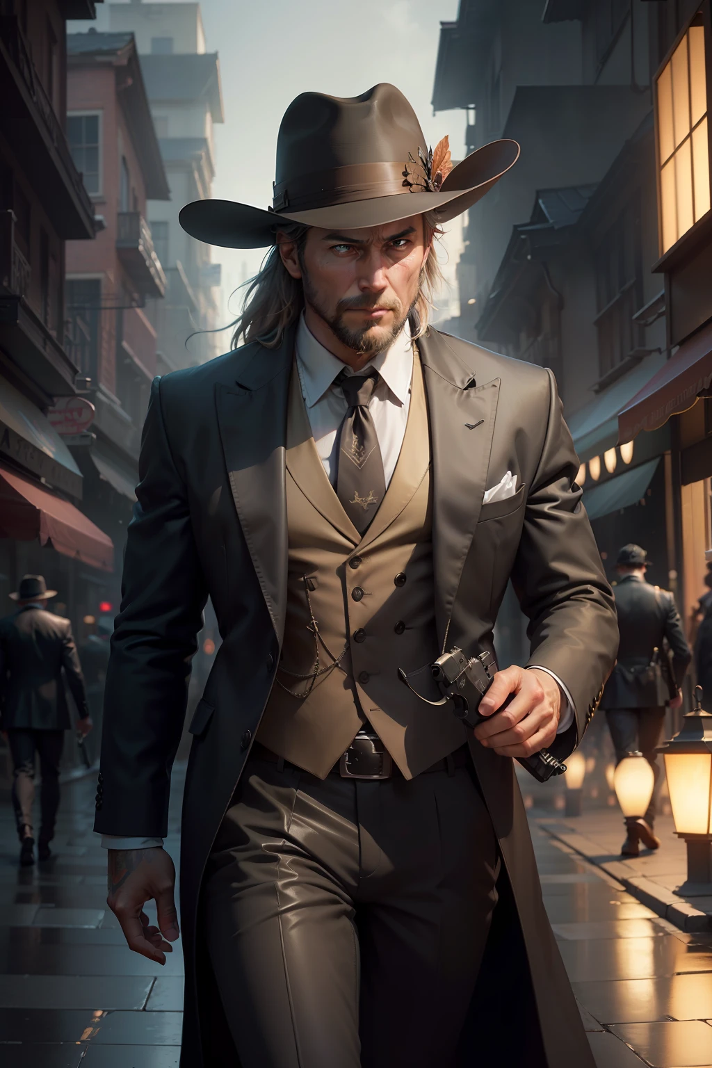 photo of (MCHasDex:0.99), a man as a detective, (walking down a street at night), (holstered gun), modelshoot style, (extremely detailed CG unity 8k wallpaper), photo of the most beautiful artwork in the world, professional majestic oil painting by Ed Blinkey, Atey Ghailan, Studio Ghibli, by Jeremy Mann, Greg Manchess, Antonio Moro, trending on ArtStation, trending on CGSociety, Intricate, High Detail, Sharp focus, dramatic, photorealistic painting art by midjourney and greg rutkowski, (wearing a fedora:1.1), (looking at viewer), (detailed pupils:1.3), closeup