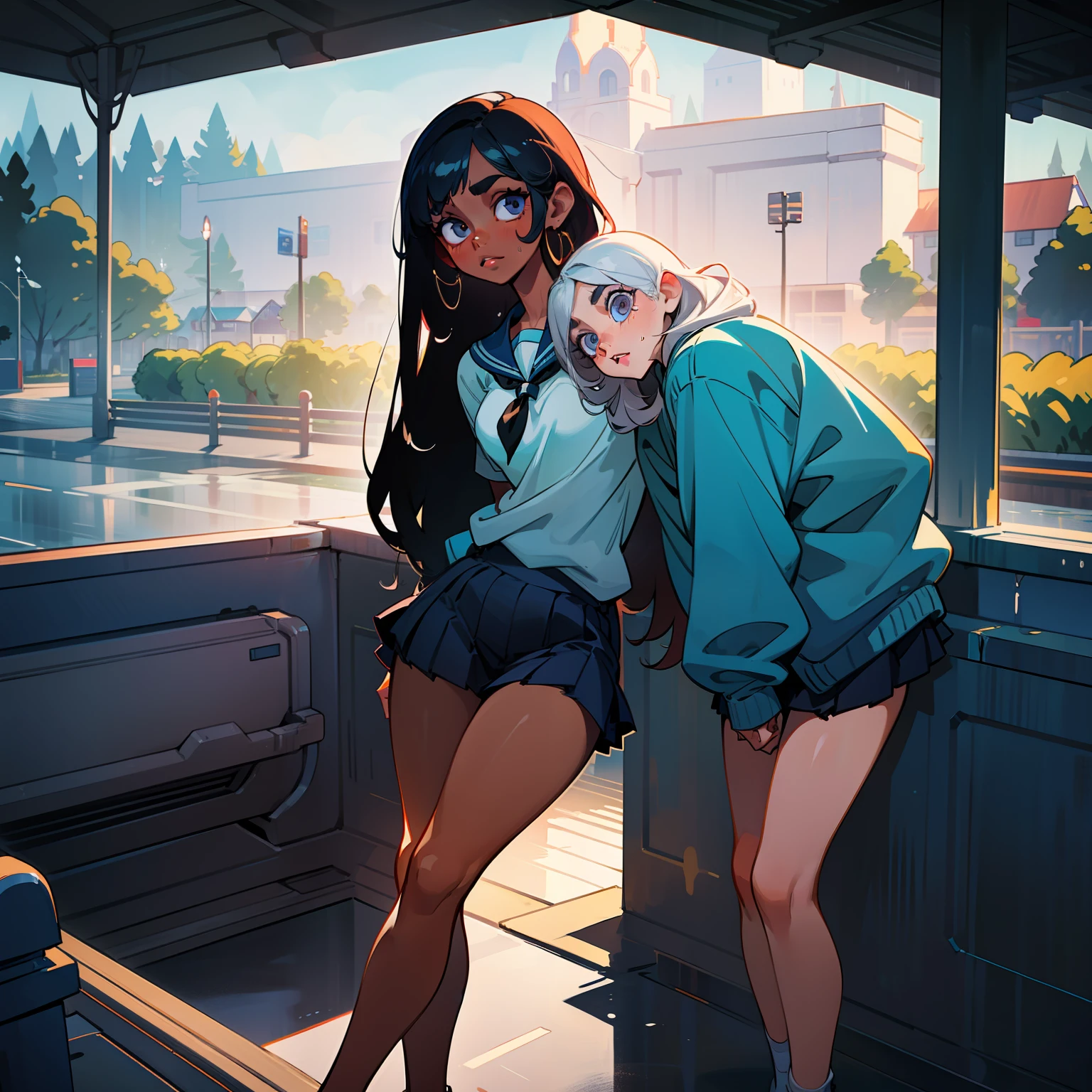 two women, pretty face, pretty body, 1 fair skin, 1 dark skin, different eyes, nose, ear, eyebrow, long straight hair, school clothes, wet clothes, thin waist, thick legs, big thighs, background scenery, road earth, interior, beautiful day, lighting