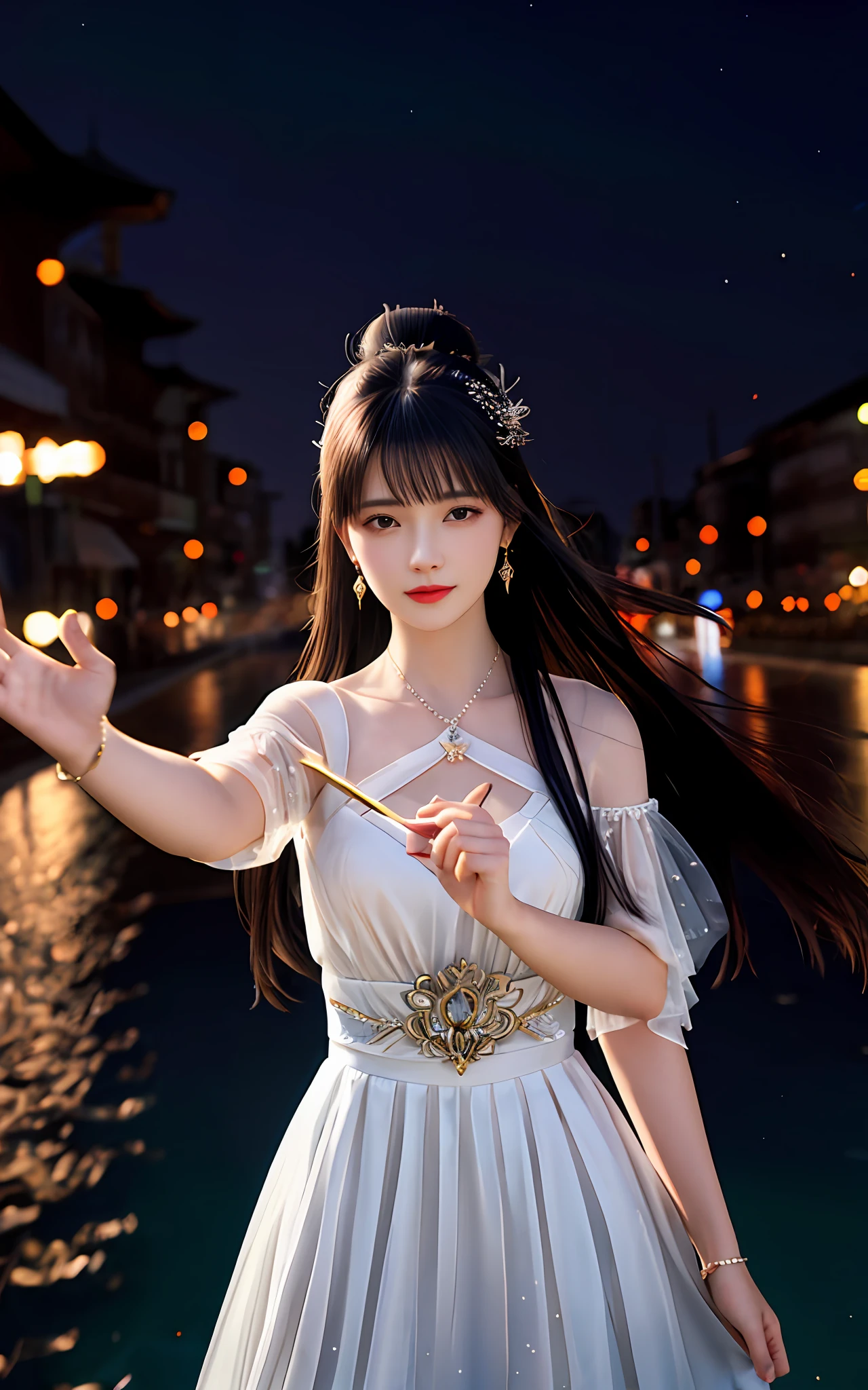 (realisticity: 1.2), best quality,masterpiece,highres,cg,
1girl,weapon,sword,long hair,dress,water,solo,jewelry,white dress,earrings,hair ornament,splashing,upper body,hair bun,black hair, city bacgraun realistis,
lighting,candid,Photograph,high resolution,4k,8k,Bokeh,