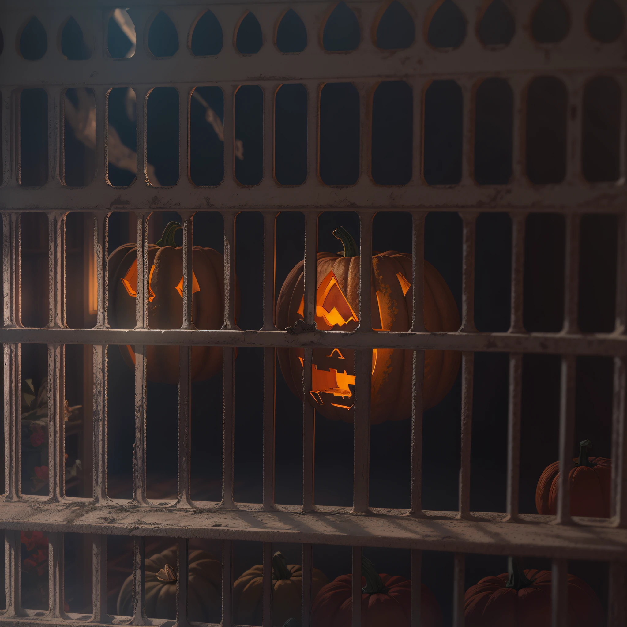 Behind bars,dimly lit,pumpkins,prison