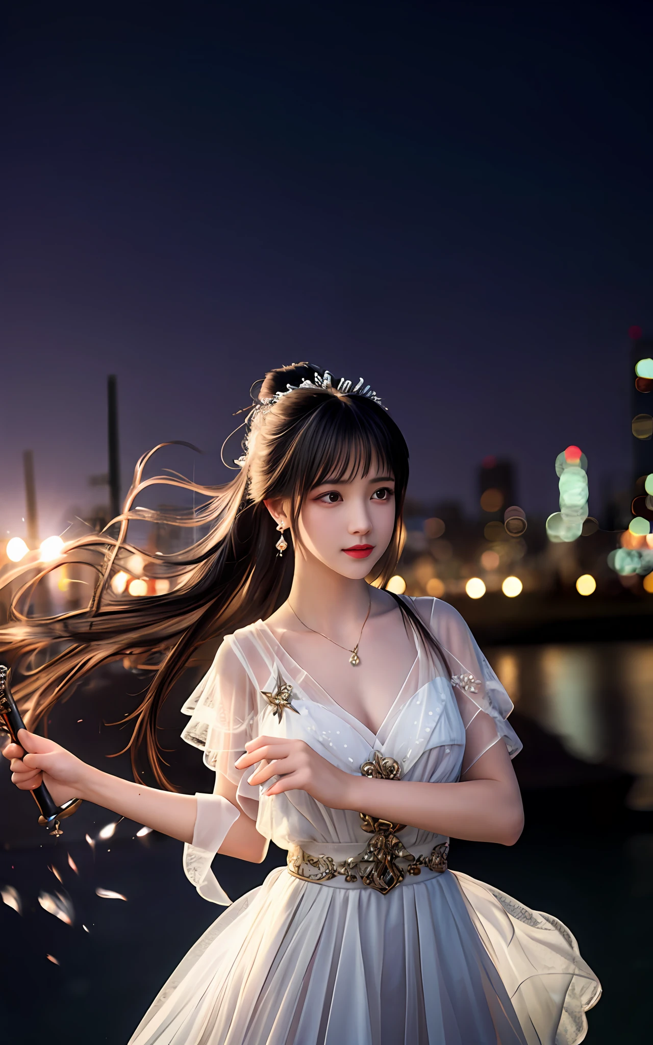 (realisticity: 1.2), best quality,masterpiece,highres,cg,
1girl,weapon,sword,long hair,dress,water,solo,jewelry,white dress,earrings,hair ornament,splashing,upper body,hair bun,black hair, city bacgraun realistis,
lighting,candid,Photograph,high resolution,4k,8k,Bokeh,
