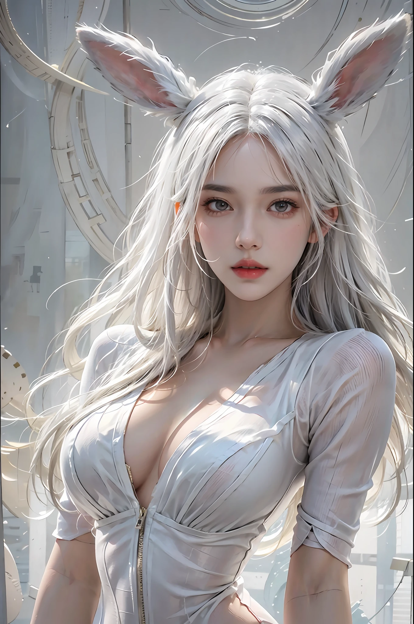 photorealistic, high resolution, 1women, solo, hips up, look at viewer, (detailed face), white hair, long hair, reverse bunnysuit