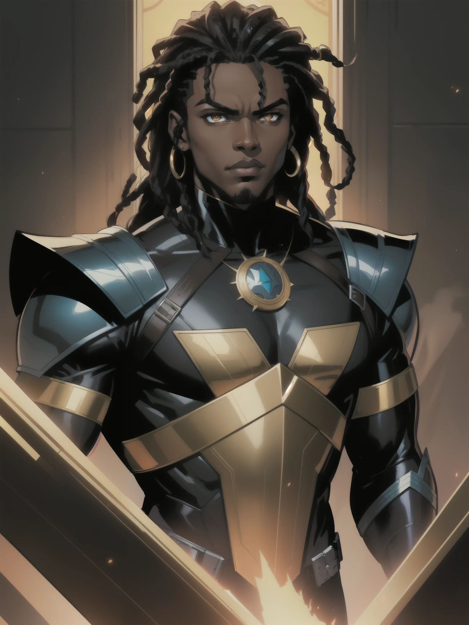 Masterpiece, Excellent, 1boy, solo, complex details, color diffusion, comic book, anime, Marvel, DC, prince, dark skin, ebony, brown skin, dark-skinned male, dark hair, black hair, dreadlocks, golden eyes, epic attire, black attire, assassin, badass, trending, demon, anti-hero, young, royalty