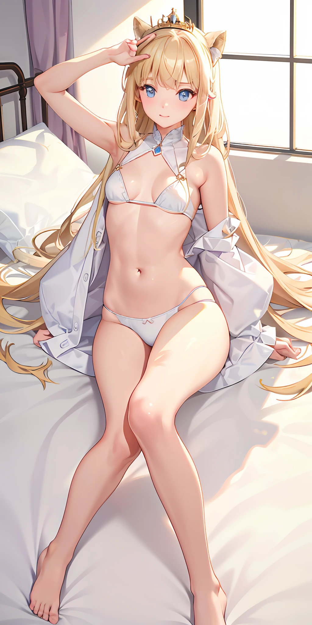 (realisitic: 1.4), (masterpiece, side lights, Fine and beautiful eyes: 1.2), masterpiece*portlate、realisitic, 3D 顔, Luminous Eyes, Shiny hair, Skin falls out, 独奏、embarrassed from, (upper abdominals), White underwear, (small tits)、blonde hair、(A Princess)