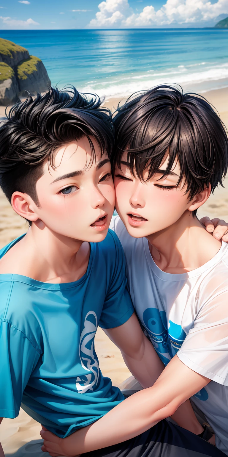 realisticlying，Two 18-year-old boys kiss、.The pubic areas are in close contact with each other，selfee、Sea bread，T-shirt wearing、the beach，selfee，Face Real，Face Zoom，Face realistic、Bulging pubic bone，kiss