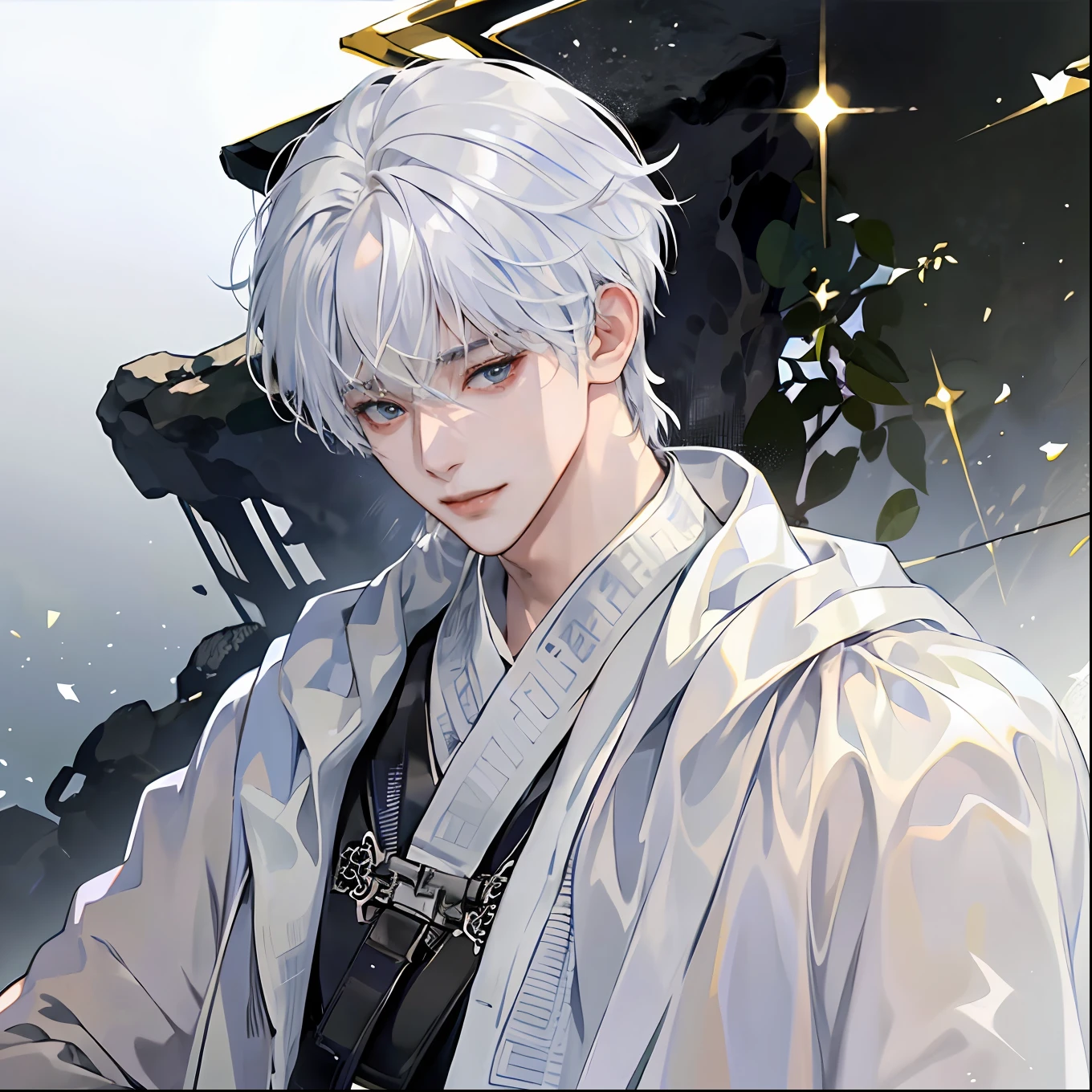 (in 8K、top-quality、​masterpiece:1.2)、1 boy、Thin macho、beautidful eyes、good-looking、The upper part of the body. white hair, smirking, perfect cap, black goggles, Ultra realistic oily skin
