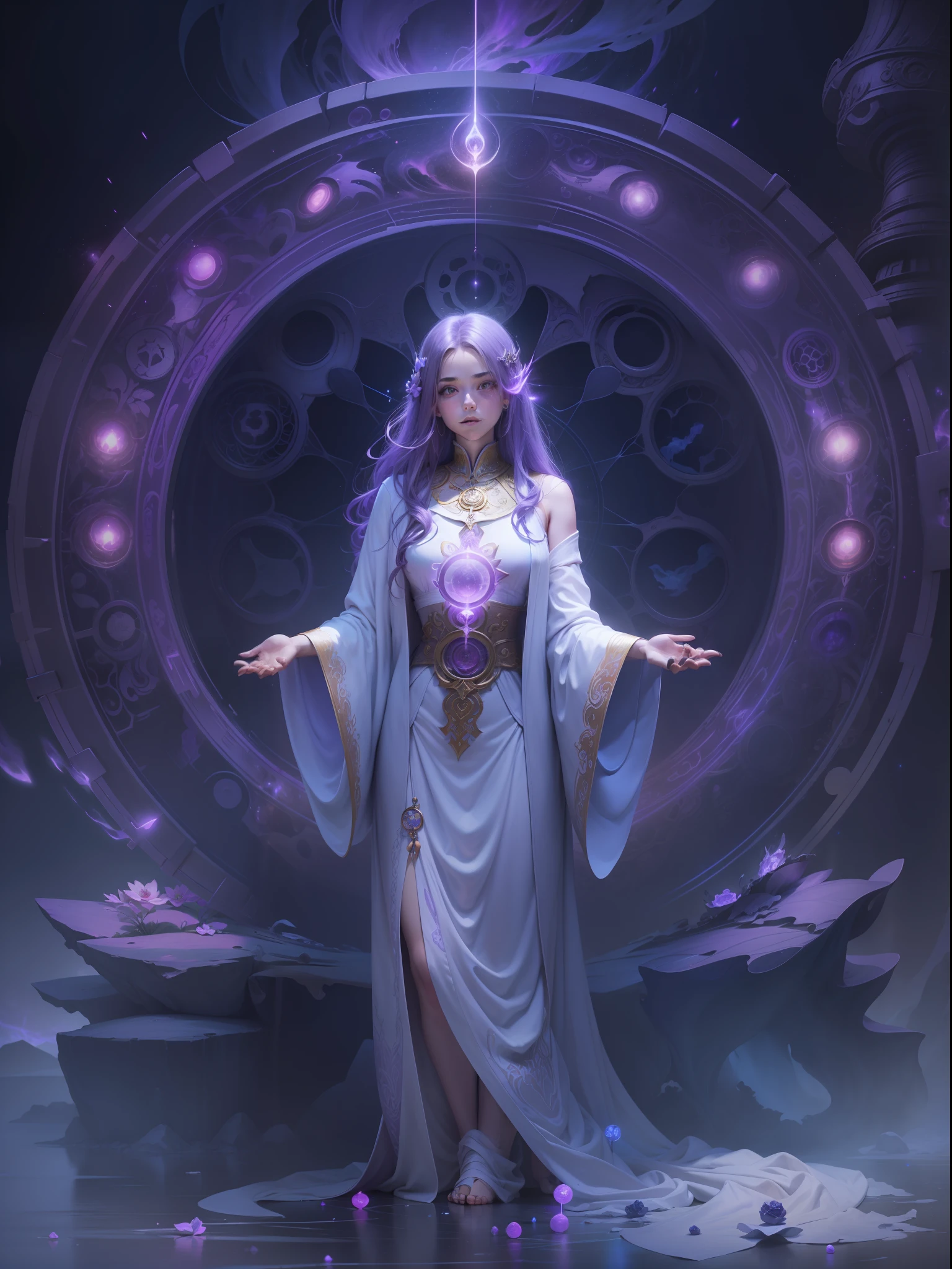 Picture quality：A masterpiece of high detail,8K,High resolution Body content：1girll, old,Full body position, Broad perspectives，wears a long robe，Glowing hair，long leges，Exudes an aura of majesty and wisdom,The purple magic wheel unfolded behind it，Behind him is the mysterious oversized purple chakra purple light，Countless glowing quicksand swirled around this figure，Mysterious top light，The feeling of being high，Background with：A dazzling paradise，enviroment：fanciful，Full of mystery，Buddha is filled with purple light，utopian，Bask in the breath of chaos，Hopeful，Divine piety，mystical ambiance：Mysterious and unknowable sense of light，Intense violet light，Magic beam，The fantasy of the future world is intertwined with reality，Color：Infused with ethereal hues and luminous purple hues，White-blue，High purity color， composition：Ultra-wide angle composition，Faraway view， Style reference:Virtual Engine，The magical texture of a spooky spark，Chaotic real world