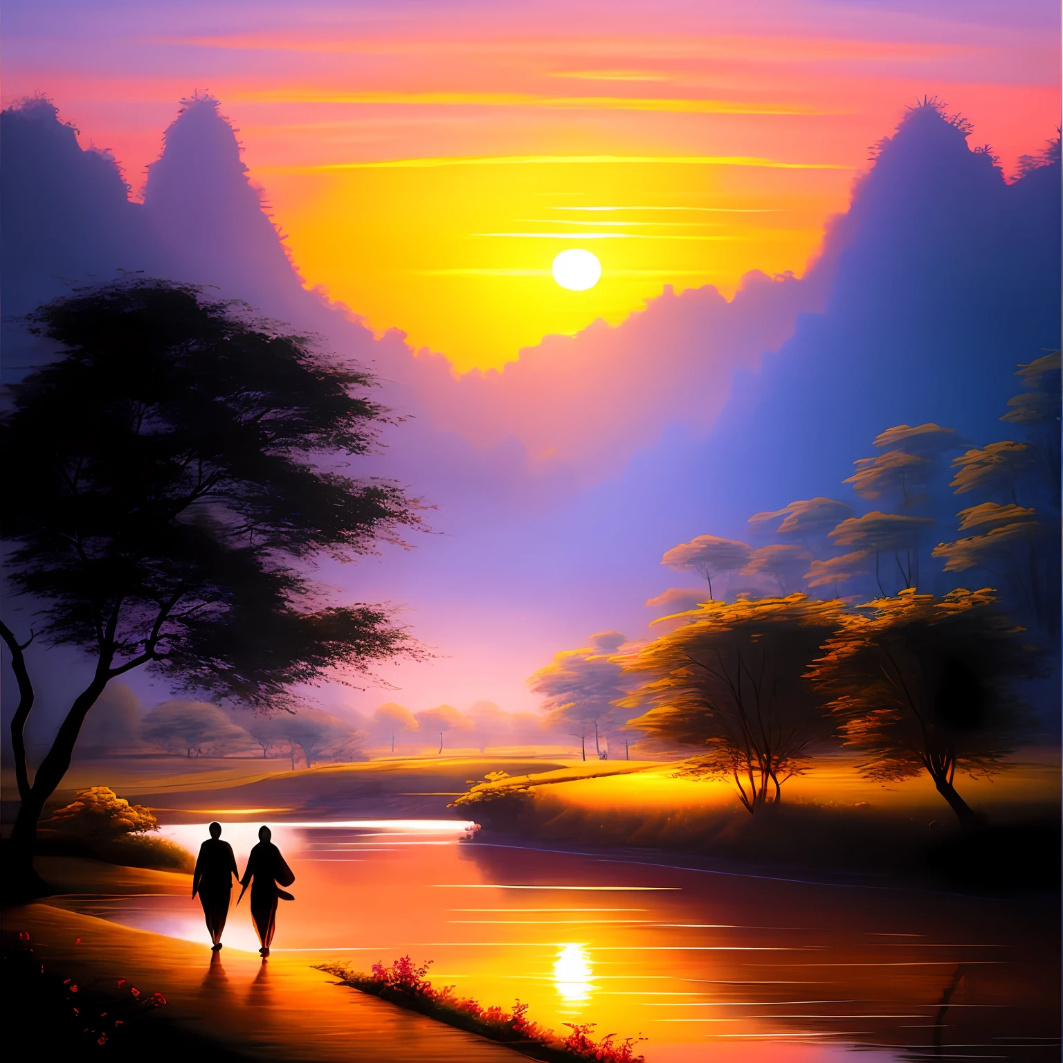 painting of a sunset scene with a couple walking along a river, romantic landscape, romanticism landscape painting, mystical scene, inspired by Basuki Abdullah  Indonesian landscape, fantasy landscape, fantasy scene, sunset in a valley,