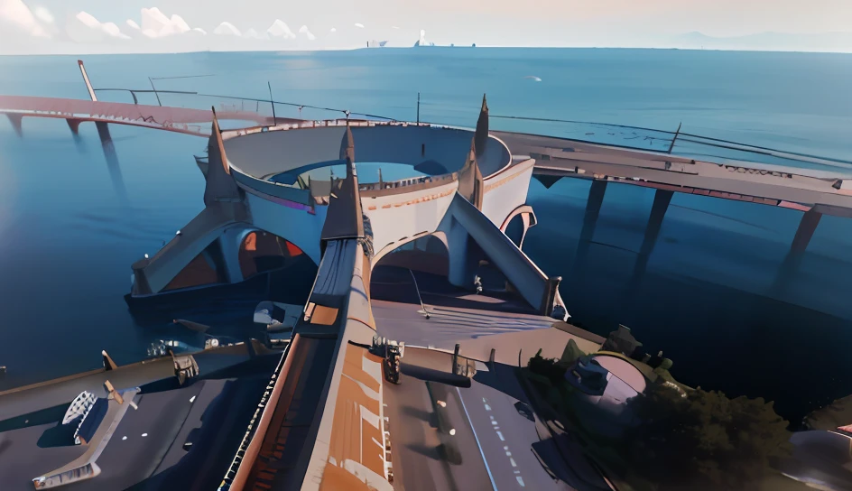 Ring fortress，sci-fy, concept image, round form, top - view, conceito, Overhead shot, video still, 3 D top view, aerial perspective, looks realistic, hyper realisitc, bridge over the water, 360 foot wingspan, overpass, Hyper-realistic