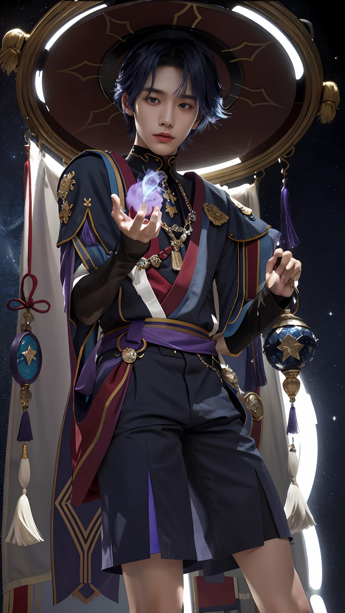 mtu，Korean face，Handsome men，cool guy，Handsome face，25 age old，Gay men, Blue-purple eyes，dark-blue hair，White skin of the，plain face，Big hat on the head，The purple flame in his hand，Evil magician，the night，starryskybackground，photore，Cinematic style，Film texture，Masterpiece, ccurate, Textured skin, Super detail, High details, High quality, 4K, Award-Awarded，