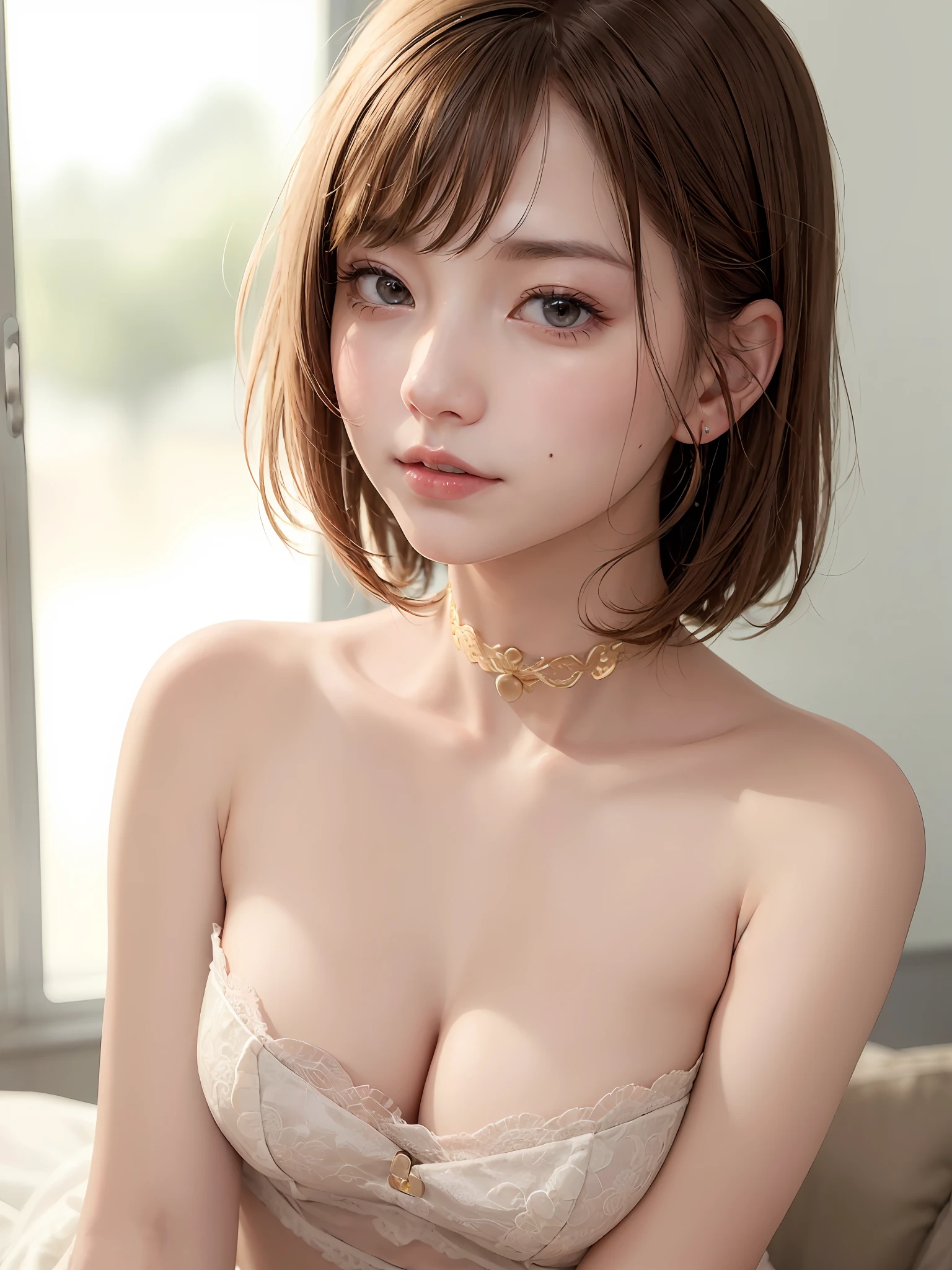 (8K picture quality、top-quality、masterpiece:1.6)、(realisitic、Photorealsitic:1.6)、ultra-detailliert、1 female、the neck is long、Put your ears out、Very tall supermodel:1.3、cute little、Beautie、spotless、独奏、Beautiful detailed sky、Detailed Cafe、sitting on、(Nasal blush)、 (A smile:1.15)、(a closed mouth)、Colossal tits、Fine and beautiful eyes、(shirt with collar:1.1)、Wet、Transaction service、White lace、(The face of the golden ratio:1.4、Cute shorthair with bangs,:1.2)、Float NovaFrogStyle、toppless、Fromside:1.3、face perfect、Perfect fingers、Perfect body、perfect hand、Perfect Anatomy