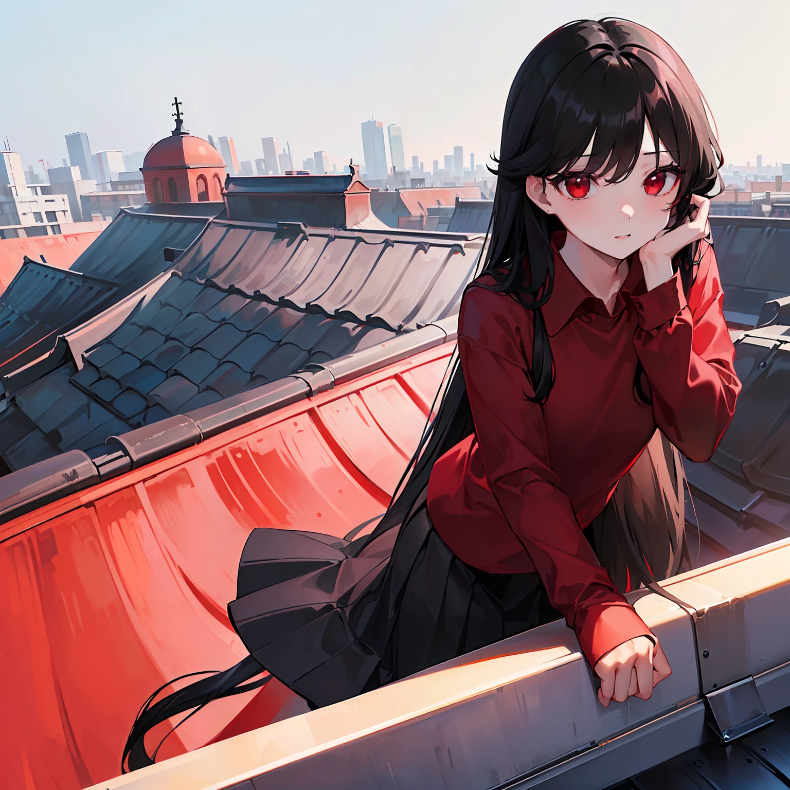 ​masterpiece、hightquality、vivd colour、(((Long Black Hair、Red Shirt、a black skirt、femele、Adults、red eyes)))、(((On the roof of a building)))、