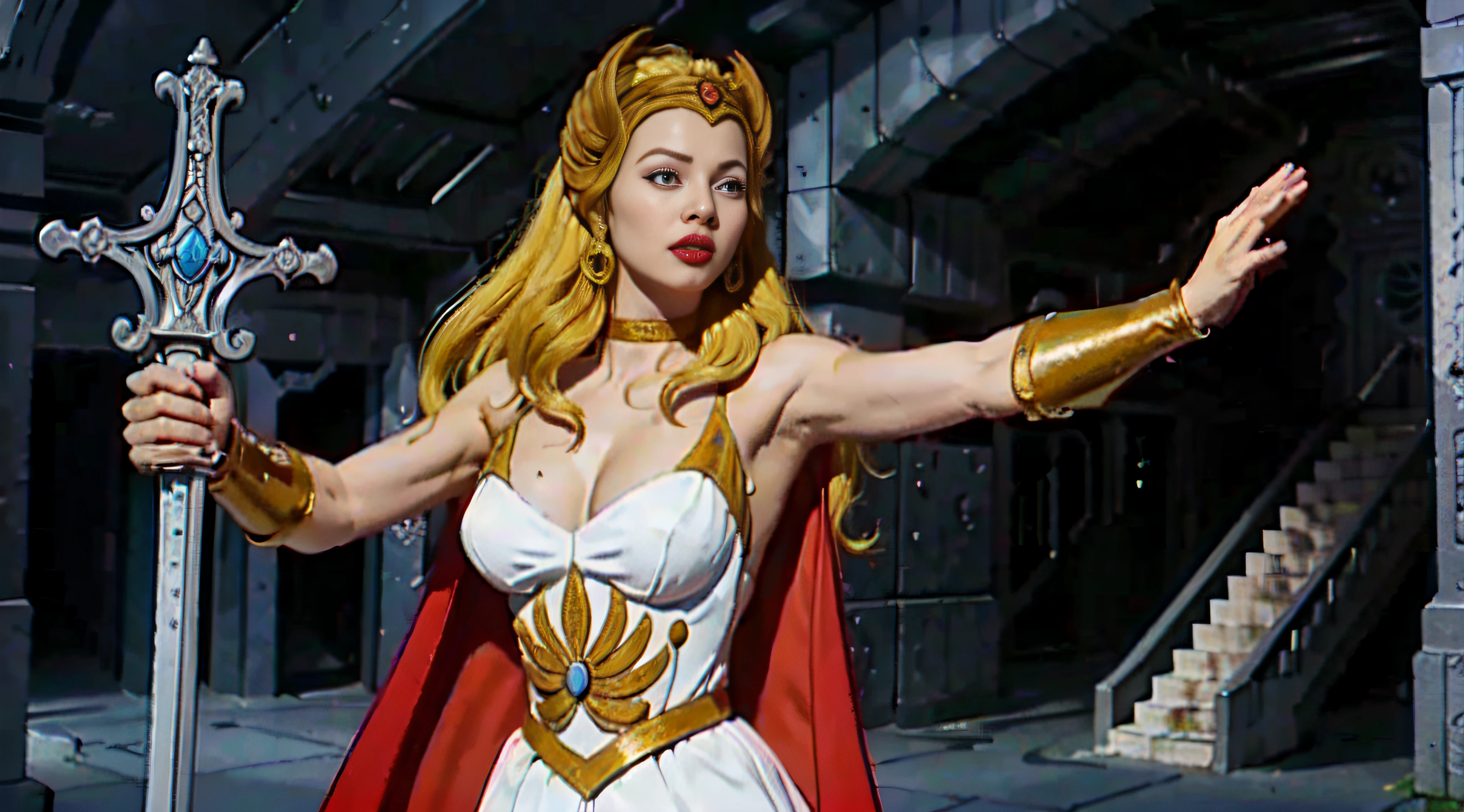 8k, high quality, unreal engine, ultra hd, hyper realistic, hyper detailed, raw photo of a 1girl, (solo:1.3),
1girl, solo, She-ra, long hair, blonde hair, blue eyes, tiara, white dress, choker, red cape, makeup, lipstick,
breasts, medium breasts, bracer, wristband,
looking at viewer, portrait,
weapon, sword, cape, parody, Sword of Grayskull, sword of power,
boots,
rating:safe,
Dynamic pose,
tall , (muscular body:1.3), (femenine hands:1.3),
skindentation, narrow waist, thighs, wide hips, half eye close, eyeliner, eyelashes, perfect face, detailed eyes, facial lighting,
looking at viewer (masterpiece, high quality:1.2)