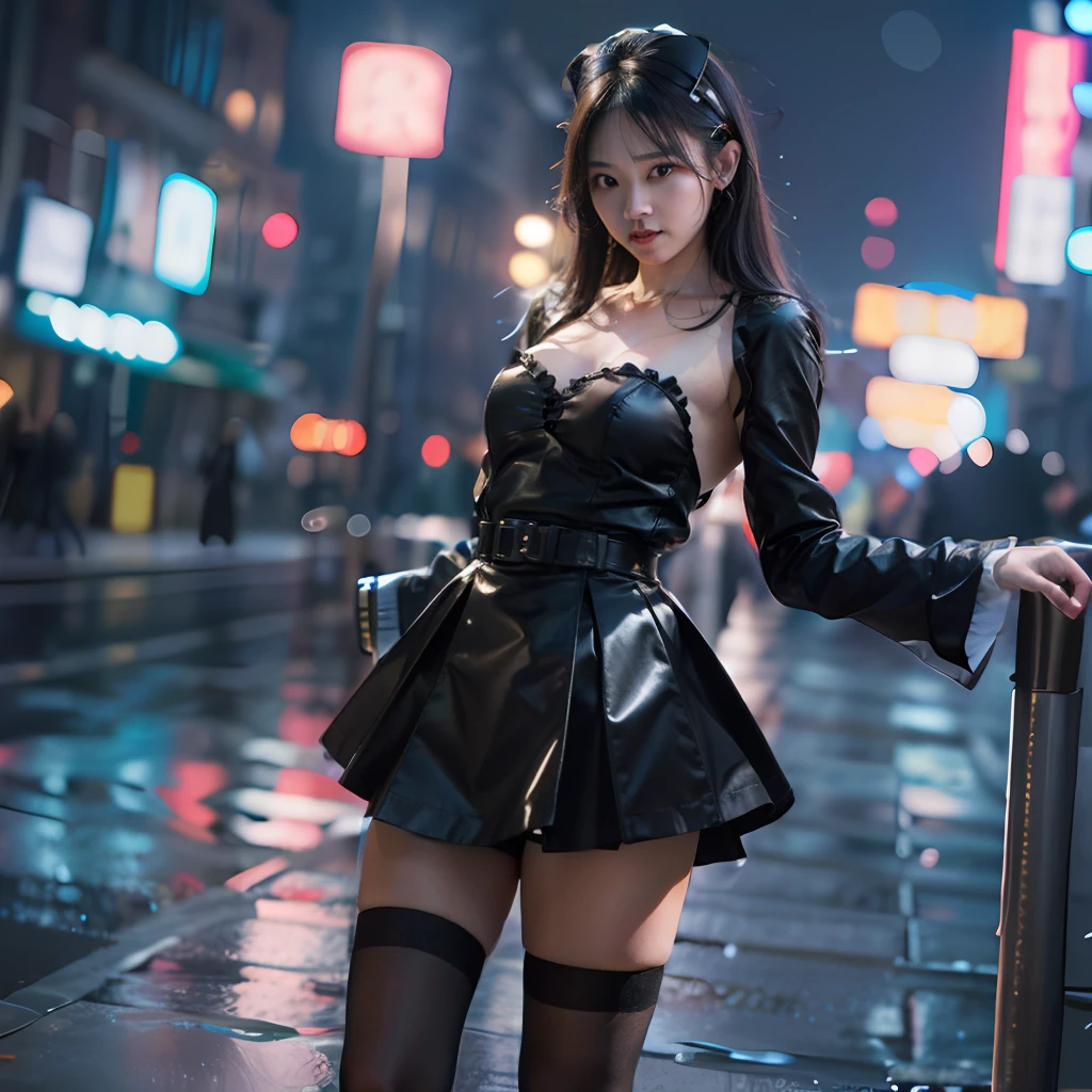 (8k, RAW photo, best quality, master:1.4), ultra high res, (realistic, photo-realistic:1.48), omertosa, 1girl, (Kpop idol), (aegyo sal:1), cute, (super bokeh night: 1.25), bokeh, night, traffic light, road signs, rain, after rain, dampness, professional lighting, detail lighting, photon mapping, radiosity, physically based rendering, black pantyhose bloom, backlighting, depth of field, natural lighting, hard focus, film grain, one meter shooting distance, professional shooting, shooting with Sony a9 II mirrorless camera, detailed eyes, realistic eyes, detailed shadows, looking at the audience, dog ears, detailed lighting, skirt, black skirt, long legs, black stockings, (fine hair, realistic hair, realistic lighting, realistic shadows.) , realistic costumes), realistic skin, (gun on the waist: 1), realistic light reflection from above, ((behind arms)), (behind hands), bandeau, sexy