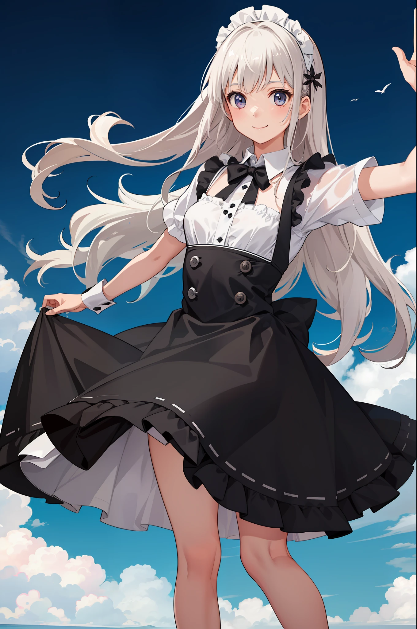 1girl in、A smile、A delightful、skirt by the、(small tits)Chilarism、doress、pinafore,,,,,,、Maids,,,,,,,,、hair adornments、movement、