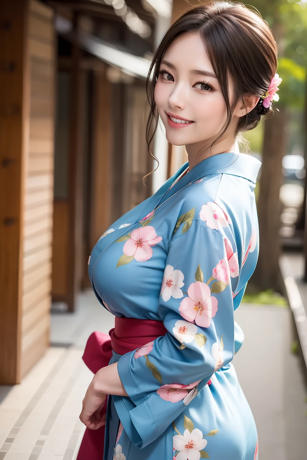 Top image quality、hight resolution、A detailed face、Beautiful Women in Perfect Style、affectionate smile、komono、kimono、bathrobe、big breasts thin waist、slim legs