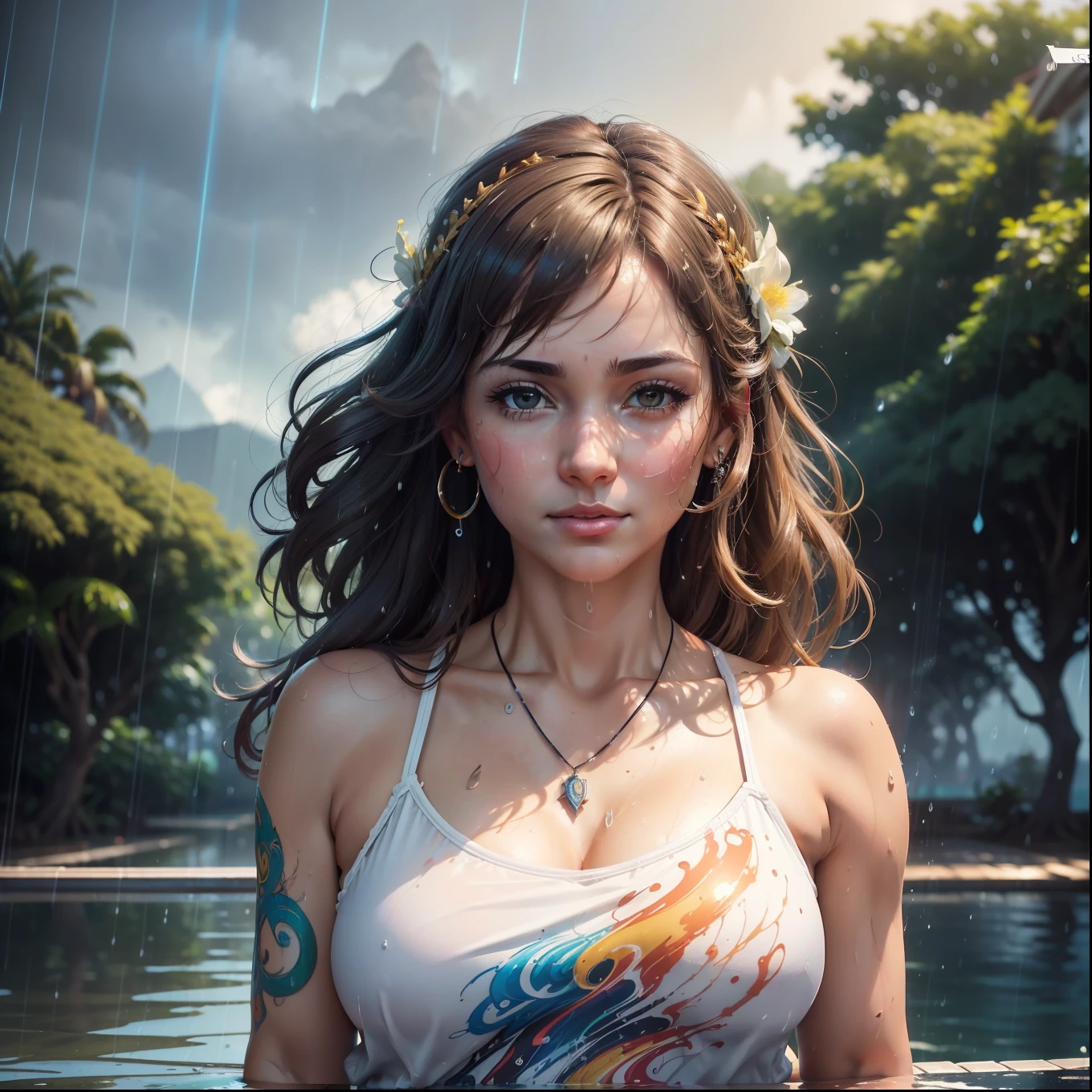 (((do peito para cima, fechar retrato))), ((master part, 4k resolution, ultra-realistic, Very detailed)), ((uma mulher bonita, She's very happy)), ((she is beautiful and sexy, She is looking at you)), ((symmetrical face)), ((((it's raining, chuva forte, thunders)))), the sidewalk is wet, She's wearing a wet white T-shirt..., (She's very happy), She is in a paradisiacal landscape, Rainbow, dynamic pose, sidewalk, Chuva, ((Arte de Greg Rutkowski, Arte por Akihiko Yoshida, arte por Agnes Cecile)), master part, melhor qualidade, Clear focus, dynamic pose, Cinematic lighting, Hyper detailed ultra sharp, ornado, (((intrincado))), ultra-realistic, Dynamic, liso, foco nítido, illustration, 8k, Reflexo da lente