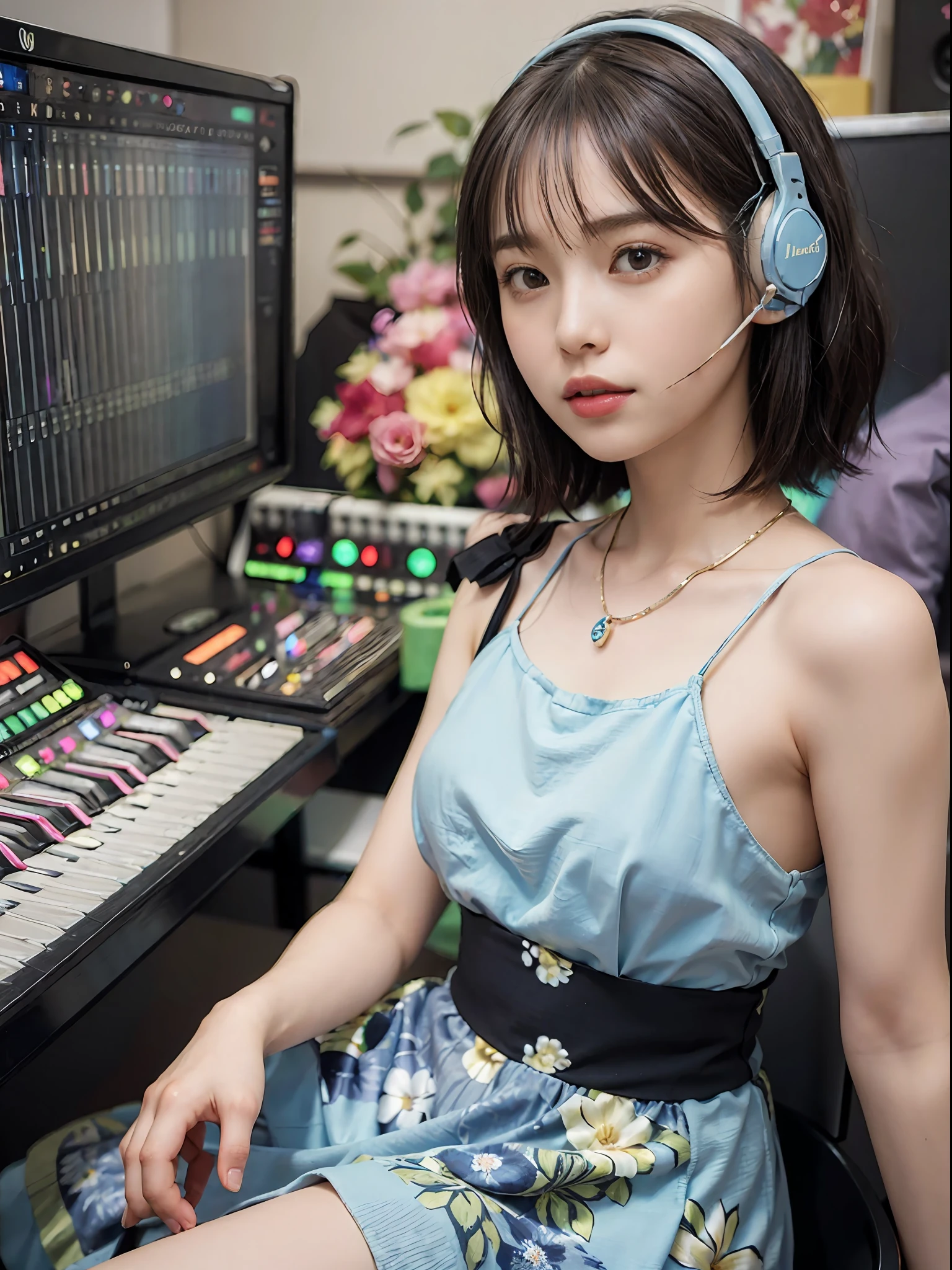 Best Quality, masutepiece, (Photorealistic:2), Ultra High Resolution, Highly detailed, A hyper-realistic, 1girl in, ((head phone)), (Longer dress), Floral pattern, colourfull_hair、(((very_Short_hair))), Short hair, Slim body, Full Shot, Looking at Viewer, ((Music Studio)),  Bright atmosphere, spot light, Detailed background