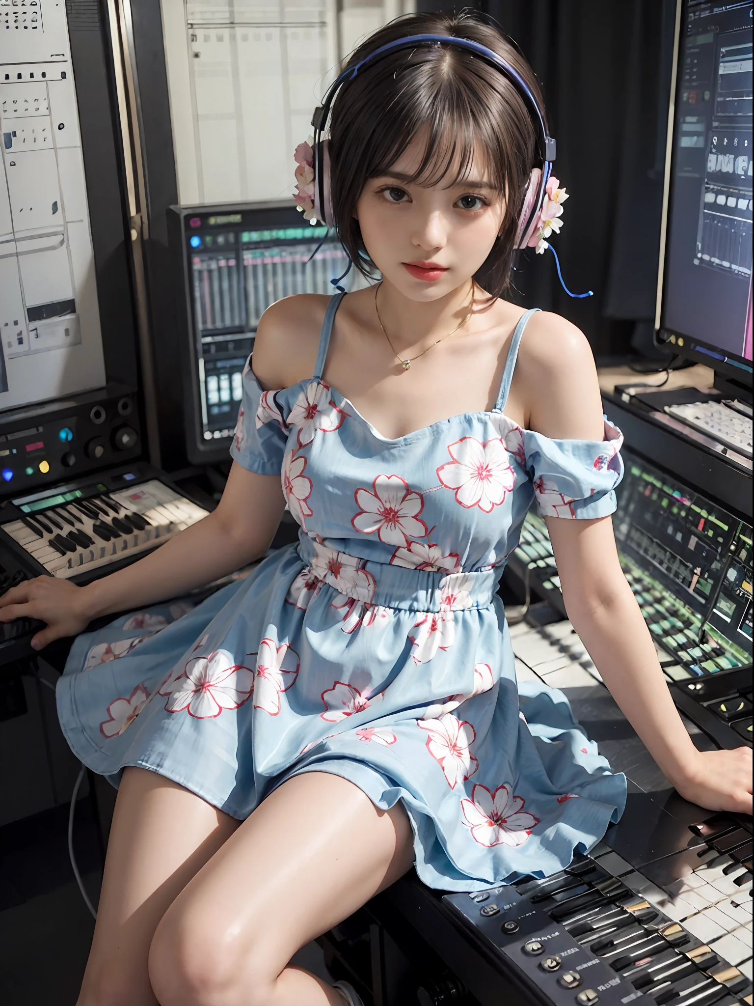Best Quality, masutepiece, (Photorealistic:2), Ultra High Resolution, Highly detailed, A hyper-realistic, 1girl in, ((head phone)), (Longer dress), Floral pattern, colourfull_hair、(((very_Short_hair))), Short hair, Slim body, Full Shot, Looking at Viewer, ((Music Studio)),  Bright atmosphere, spot light, Detailed background