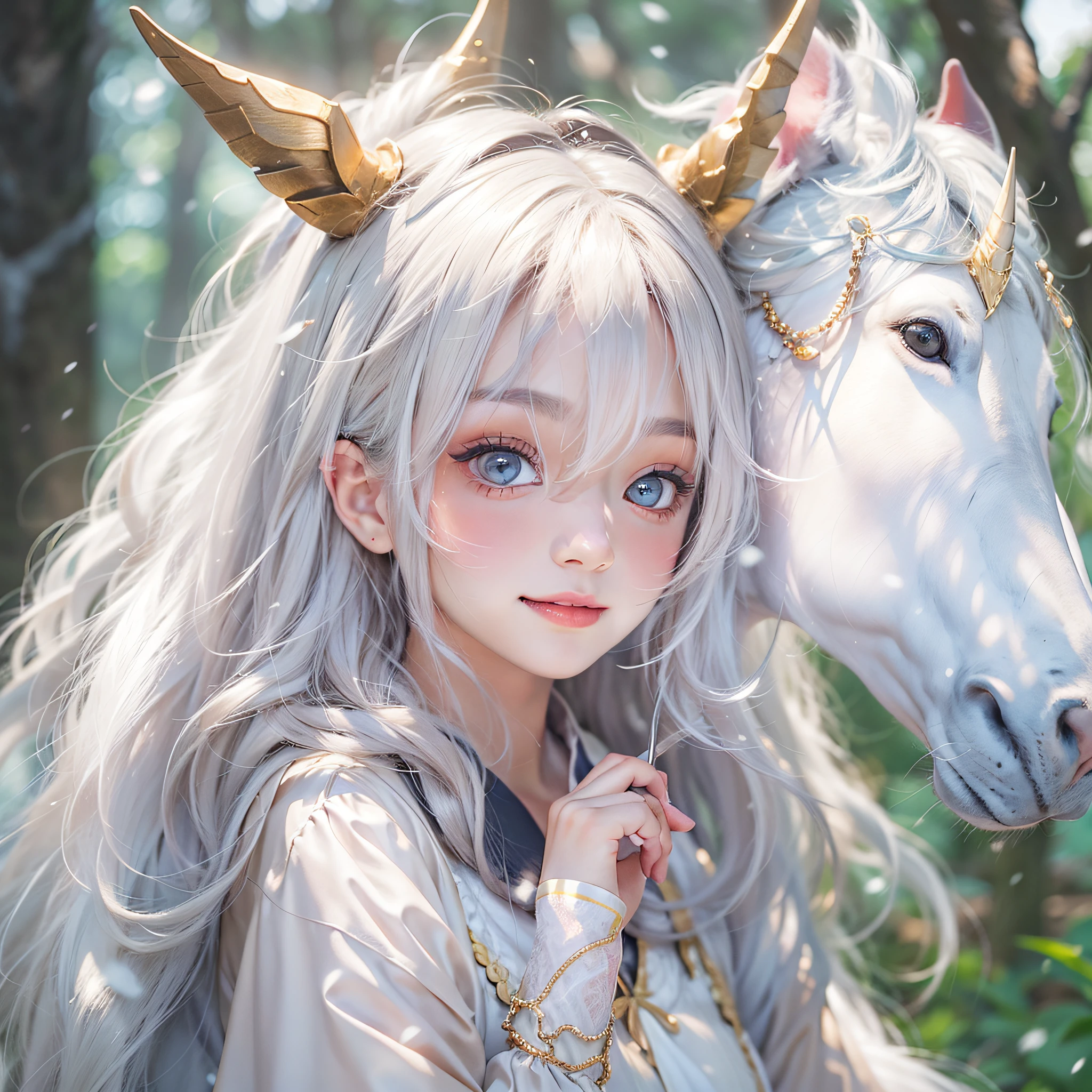 top-quality, ​masterpiece, high-level image quality, 1 girl in、（Unicorn horns from the forehead）、snow-white hair、a beauty girl、sixteen years old、a picture, hight resolution, 4K, 8K, Society Sisters、Monastic cap、Monastic uniforms、Hold the wand、Looking at the camera、A smile、great outdoors