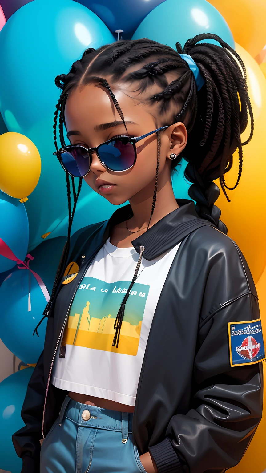loli menina, bonita e fofa, wearing blue sunglasses, jaqueta amarela, moletom branco, lots of colorful balloons, corpo inteiro, cabelo grande e preto, braided ponytail, olhos de detalhe perfeito, rosto delicado e negro, pele negra, CG perfeito, Qualidade de imagem HD, fundo simples