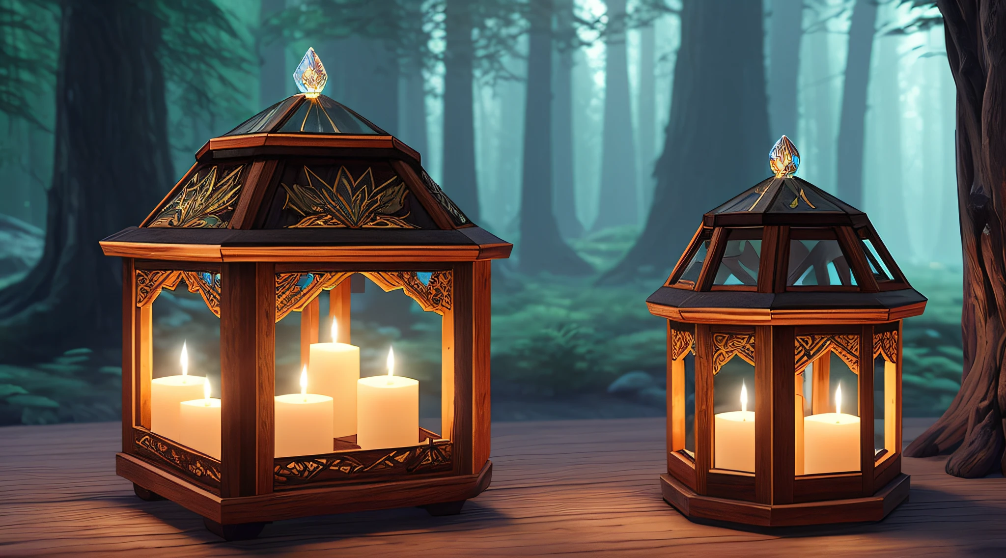 digital art of detailed elven glowing crystal sphere with (small wooden cabin inside:1.3), on carved intricately ornate Druid altarpiece in mysterious deep forest background, twisted candles on the sides, perfect reflection, soft candle lighting,  fantasy style
highly detailed, unreal engine