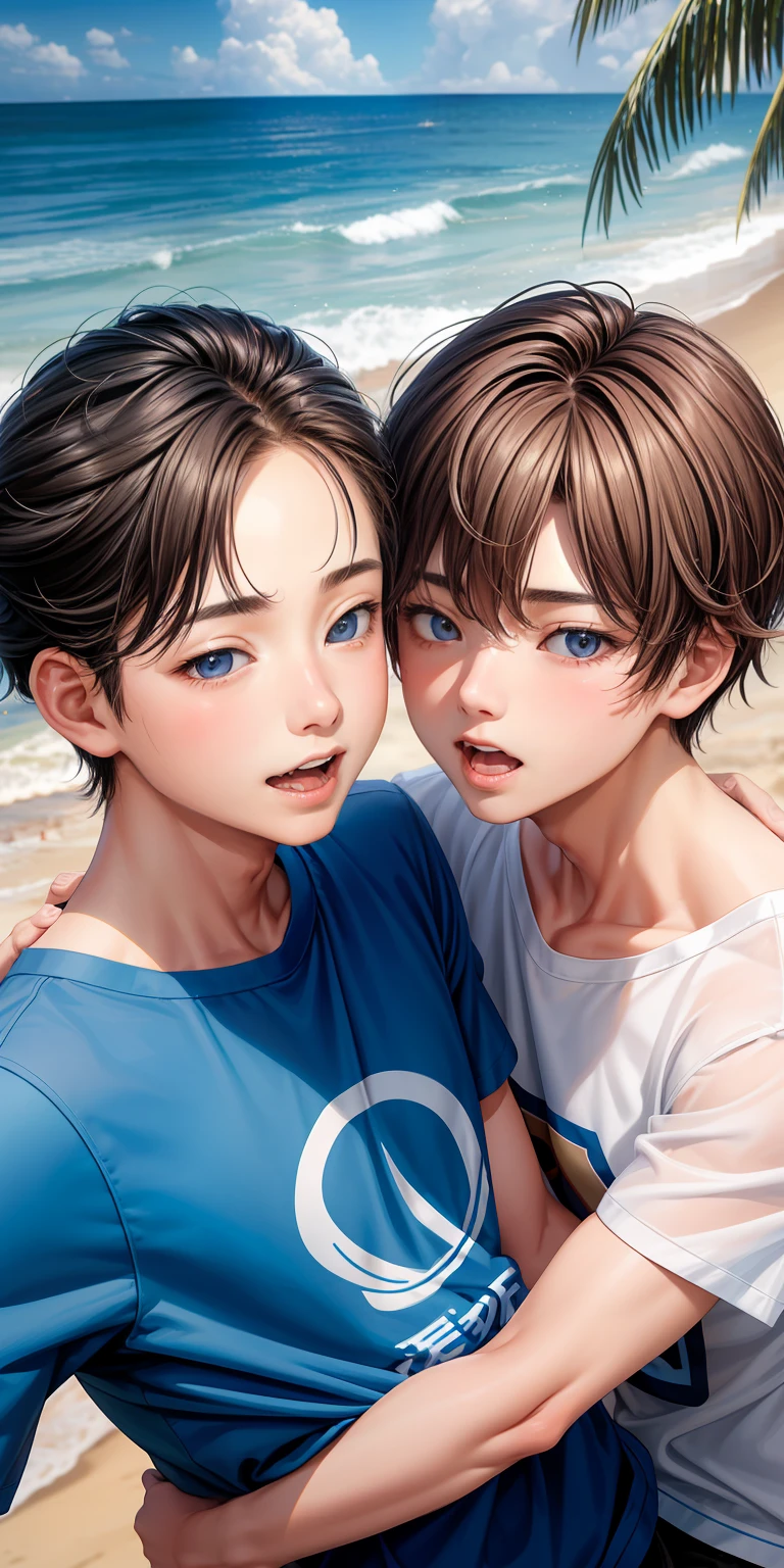 realisticlying，Two 18-year-old boys kiss、.The pubic areas are in close contact with each other，selfee、Sea bread，T-shirt wearing、the beach，selfee，Face Real，Face Zoom，Face realistic、Bulging pubic bone