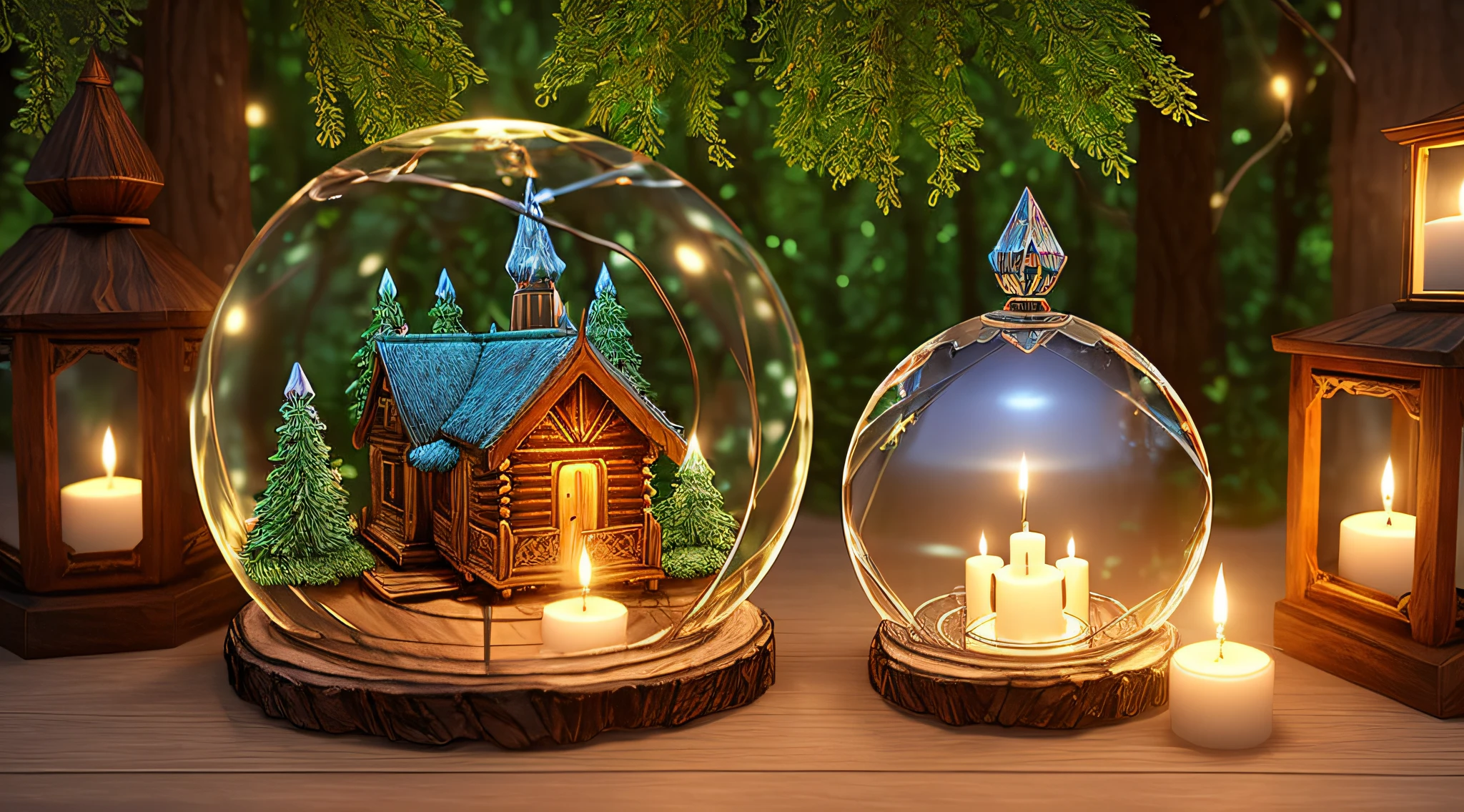 digital art of detailed elven glowing crystal sphere with (small wooden cabin inside:1.3), on carved intricately ornate Druid altarpiece in mysterious deep forest background, twisted candles on the sides, perfect reflection, soft candle lighting, fantasy style
highly detailed, unreal engine