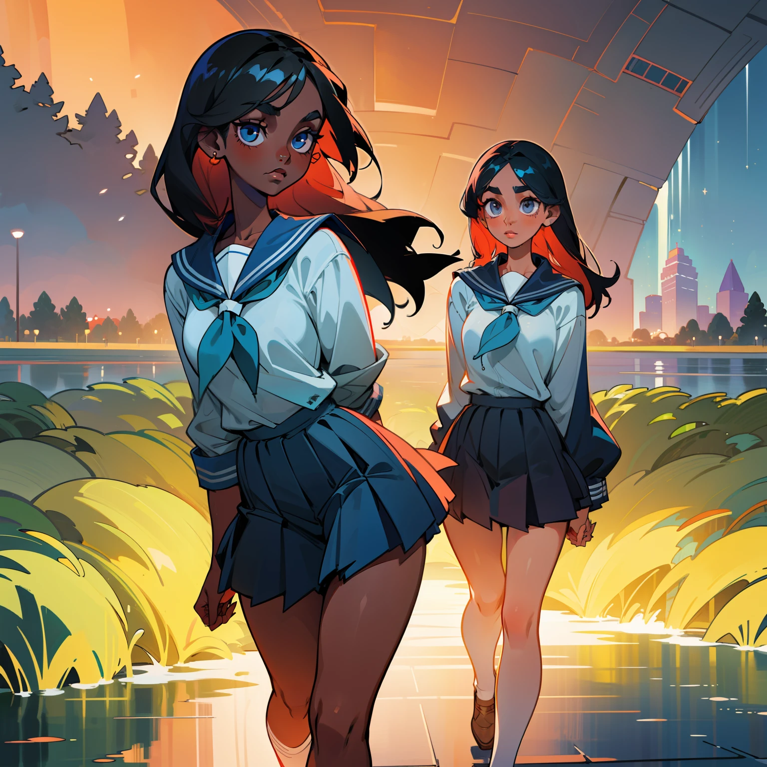 two women, pretty face, pretty body, 1 fair skin, 1 dark skin, different eyes, nose, ear, eyebrow, long straight hair, school clothes, wet clothes, thin waist, thick legs, big thighs, background scenery, road earth, interior, beautiful day, lighting