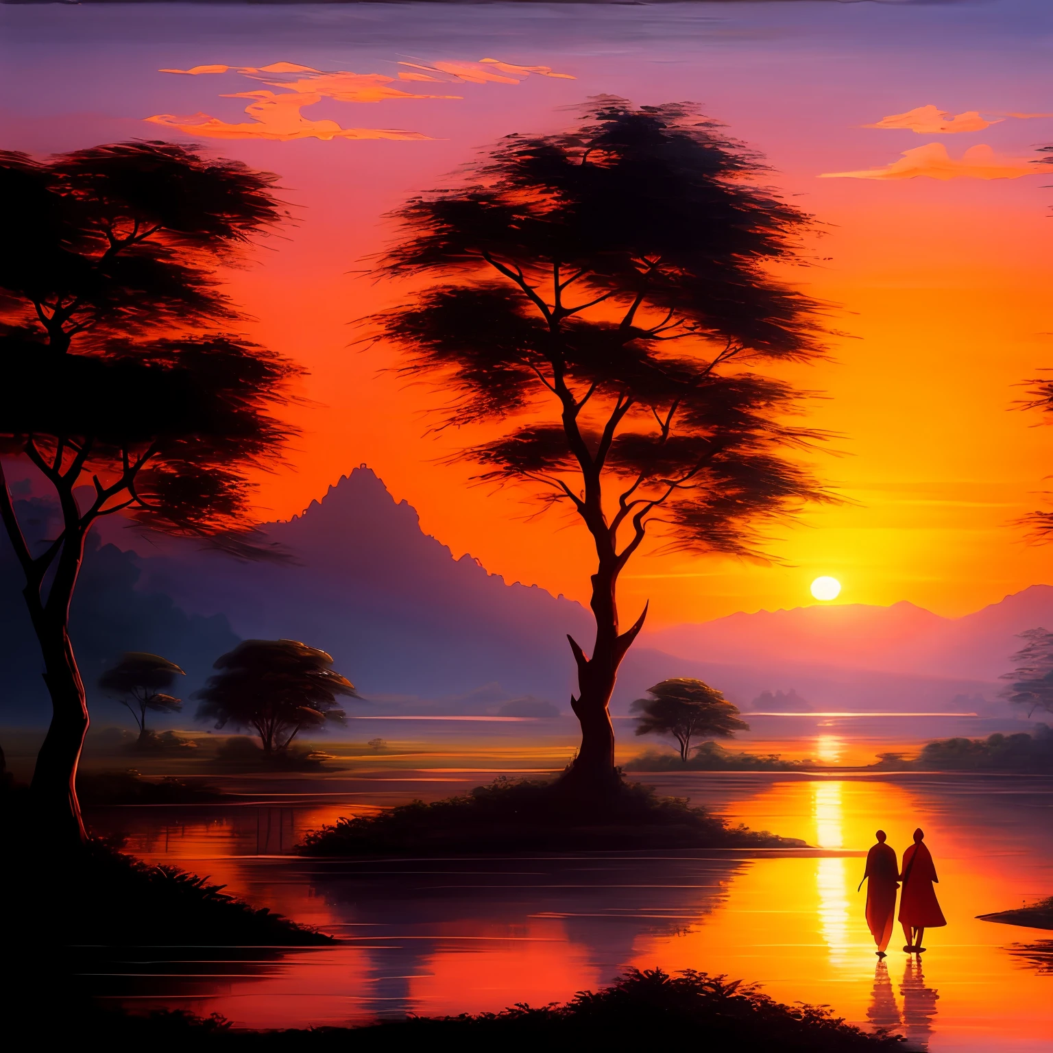 painting of a sunset scene with a couple walking along a river, romantic landscape, romanticism landscape painting, mystical scene, inspired by Basuki Abdullah Indonesian landscape, fantasy landscape, fantasy scene, sunset in a valley,