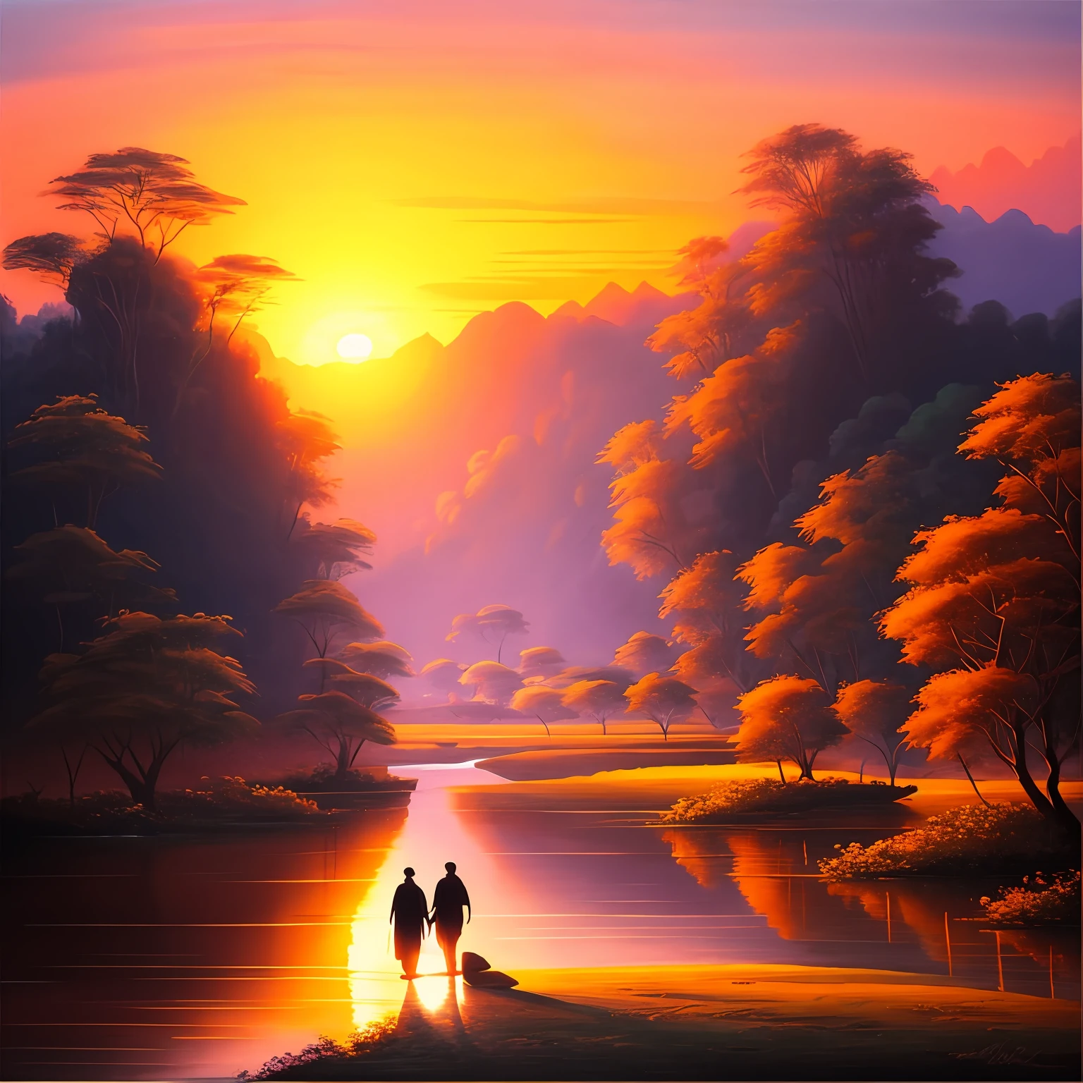 painting of a sunset scene with a couple walking along a river, romantic landscape, romanticism landscape painting, mystical scene, inspired by Basuki Abdullah Indonesian landscape, fantasy landscape, fantasy scene, sunset in a valley,