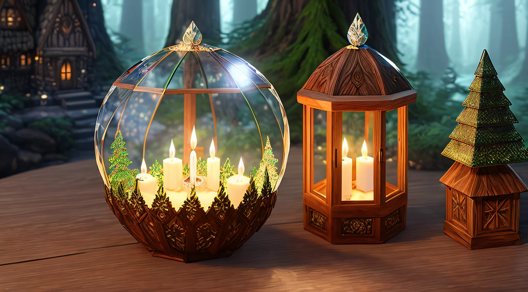 digital art of detailed elven glowing crystal sphere with (small wooden cabin inside:1.3), on carved intricately ornate Druid altarpiece in mysterious deep forest background, twisted candles on the sides, perfect reflection, soft candle lighting,  fantasy style
highly detailed, unreal engine
