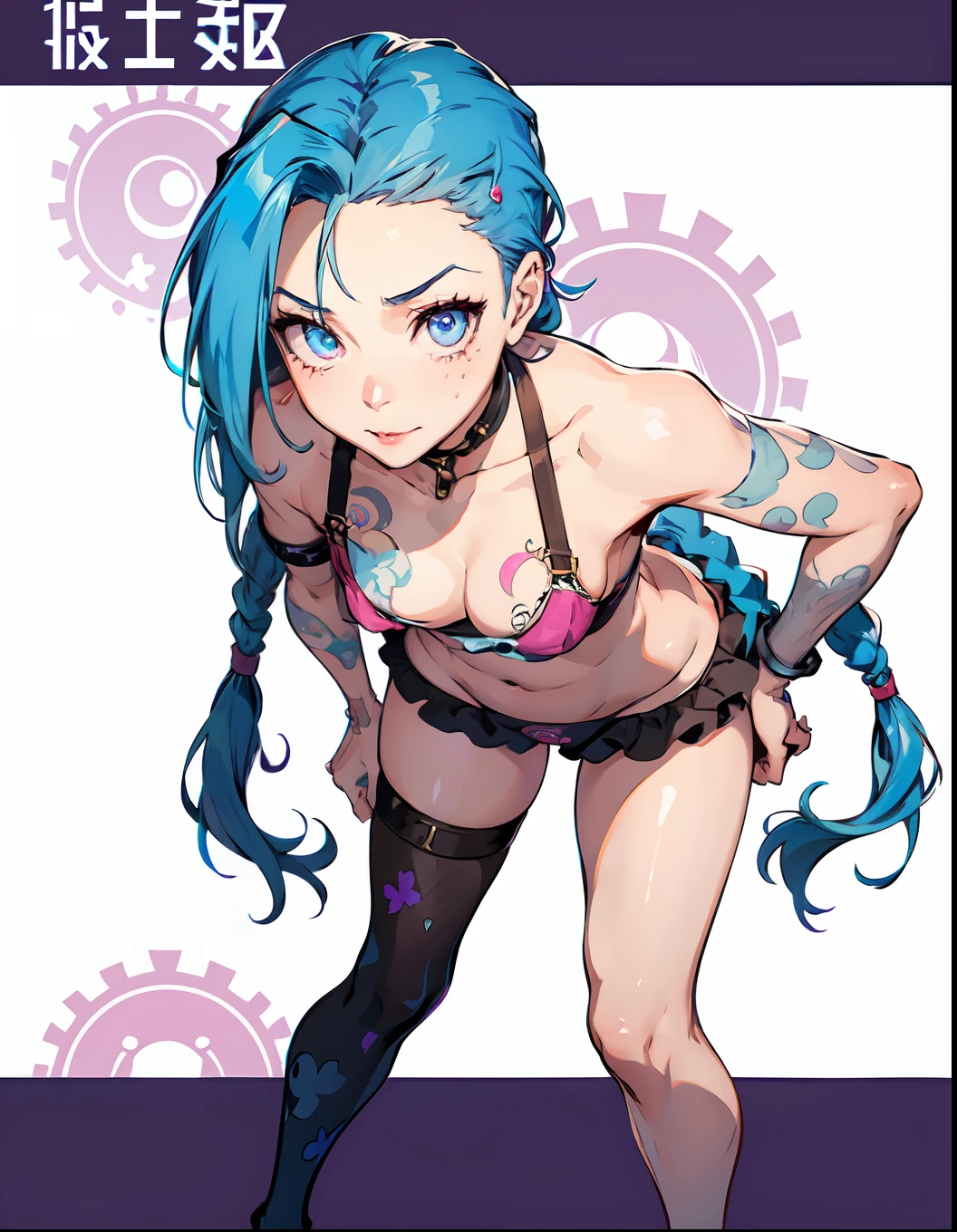 (masterpiece, best quality), jinx, beautiful girl, standing, leaning forward, bent over, winking, (detailed beautiful eyes) underwear, full body shot, visible bellybutton