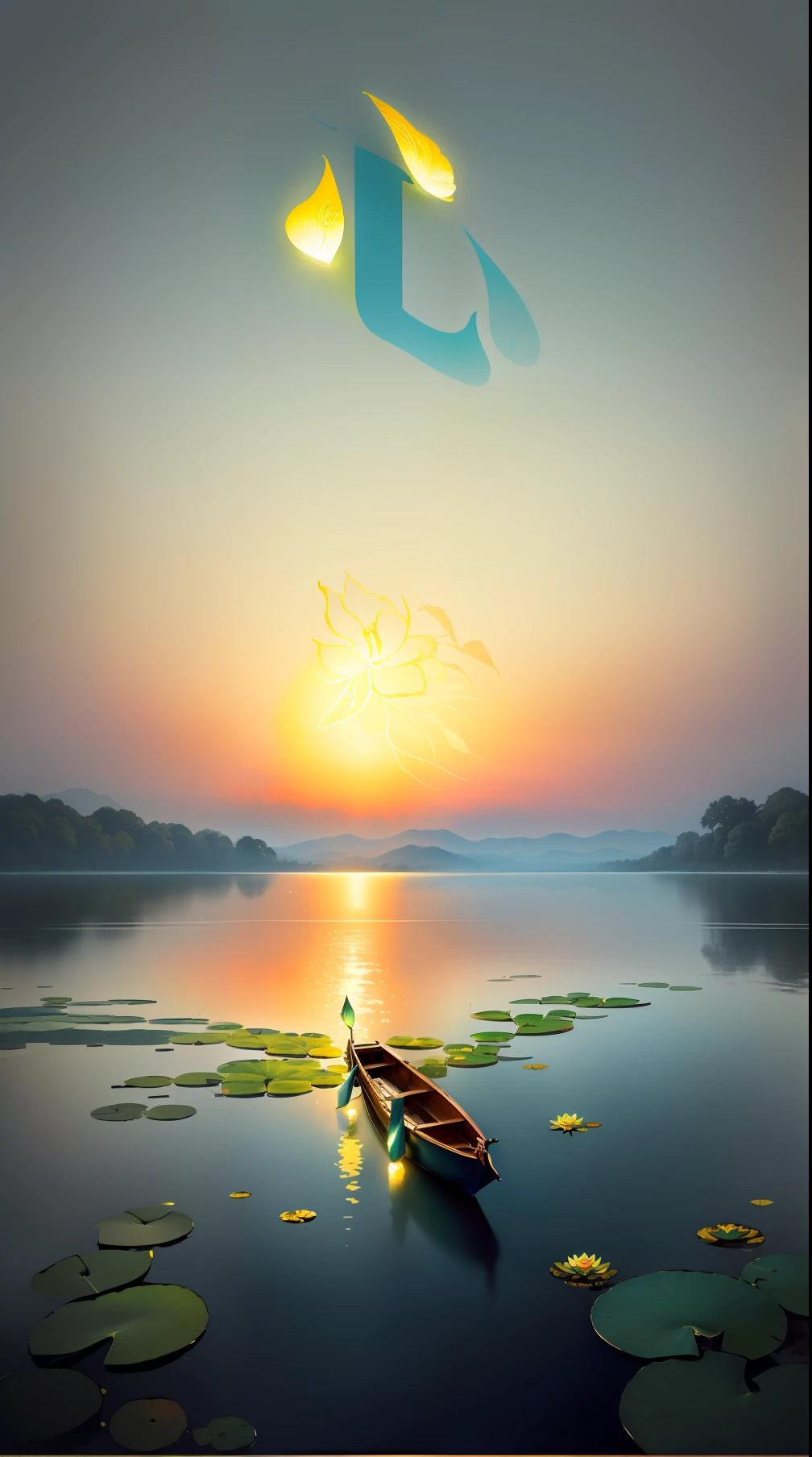 A masterpiece, exquisite. Deep in the lotus pond (colorful, vivid, sunshine, cool light: 1.2) there are many lotus leaves in the pond. At night, a small boat crosses the middle.