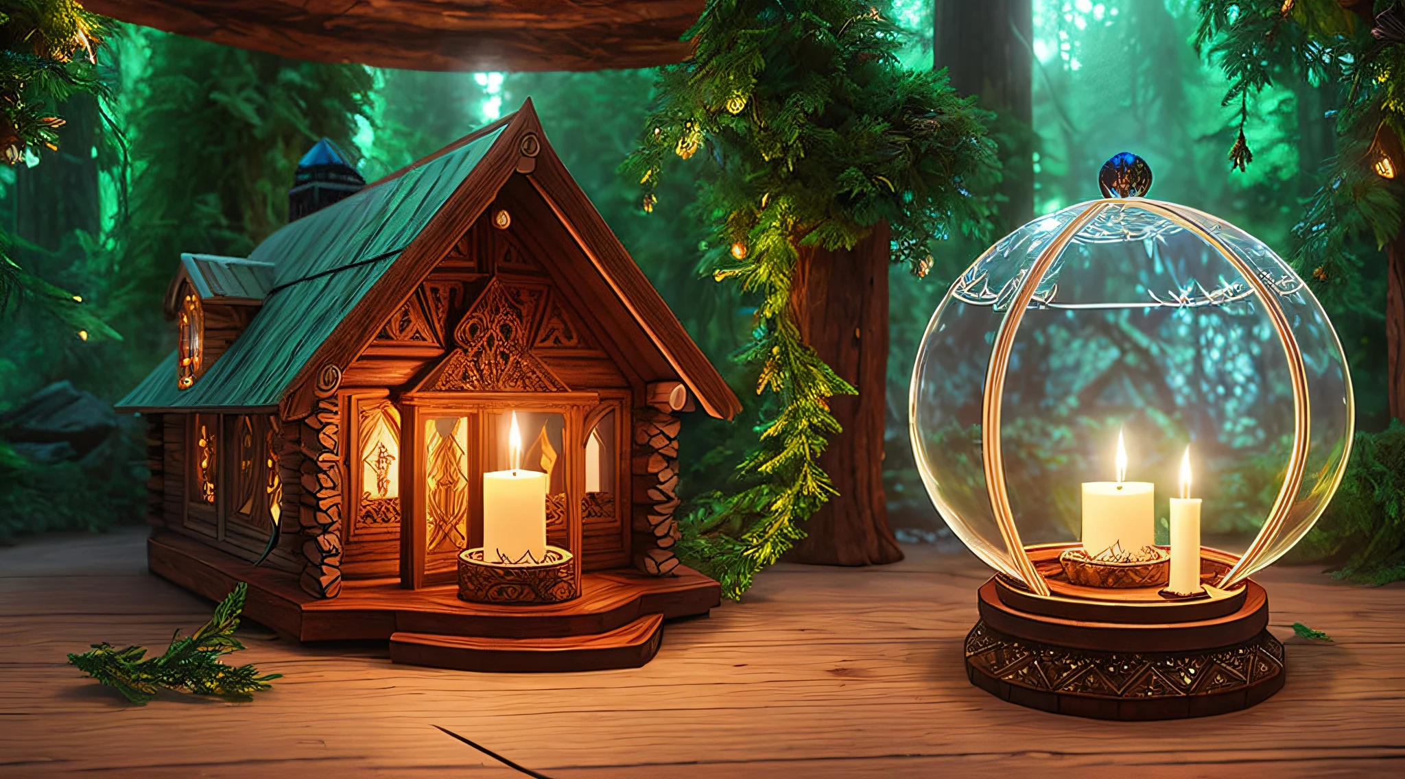 digital art of detailed elven glowing crystal sphere with (small wooden cabin inside:1.3), on carved intricately ornate Druid altarpiece in mysterious deep forest background, twisted candles on the sides, perfect reflection, soft candle lighting, fantasy style
highly detailed, unreal engine