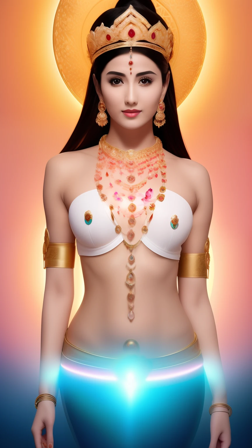 There is a beautiful goddess standing on a large lotus flower in the void,Perfect body posture,Long curved eyebrows,Beautiful eyes sparkle,The large, Jewel-like eyes sparkle,Clear pupils have reflected light,二重まぶた,((Plump and rosy lips))Nipples clearly visible,((Flushed cheeks)),The mandible is plump,Fair skin is delicate and smooth,Delicate skin translucent,A delicate and dexterous crown,inlaid gemstones,Exquisite and ingenious,inlaid gemstones,Sitting on a light red lotus in the air,look straight at the camera,((Pinch the stem of the lotus flower with one hand)),(((nice hand))),((((Good feet))),(((good legs))),realisticlying,white skinned,((Correct body structure)),White clothing,decorated in white,baiyun,Blue sky,Head background with round light,Behind him is a colorful rainbow circle,Color glow is turned on,Front lighting,Positive light,No shadows on the face,There are no shadows on the body,Blue sky,Unreal space,ethereal world,dreamworld,with blue sky and white clouds,tmasterpiece,4K,ultra-definition,professional photoshooting,Perspective looks up,Standard lens shooting,